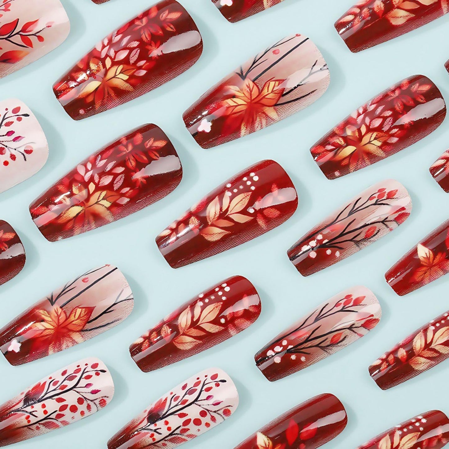 Fall Press on Nails Medium Coffin Fake Nails with Maple Leaves Dot Designs Glossy Nails Press ons Brown Gradient Glue on Nails Autumn Acrylic Artificial Stick on Nails for Women 24Pcs