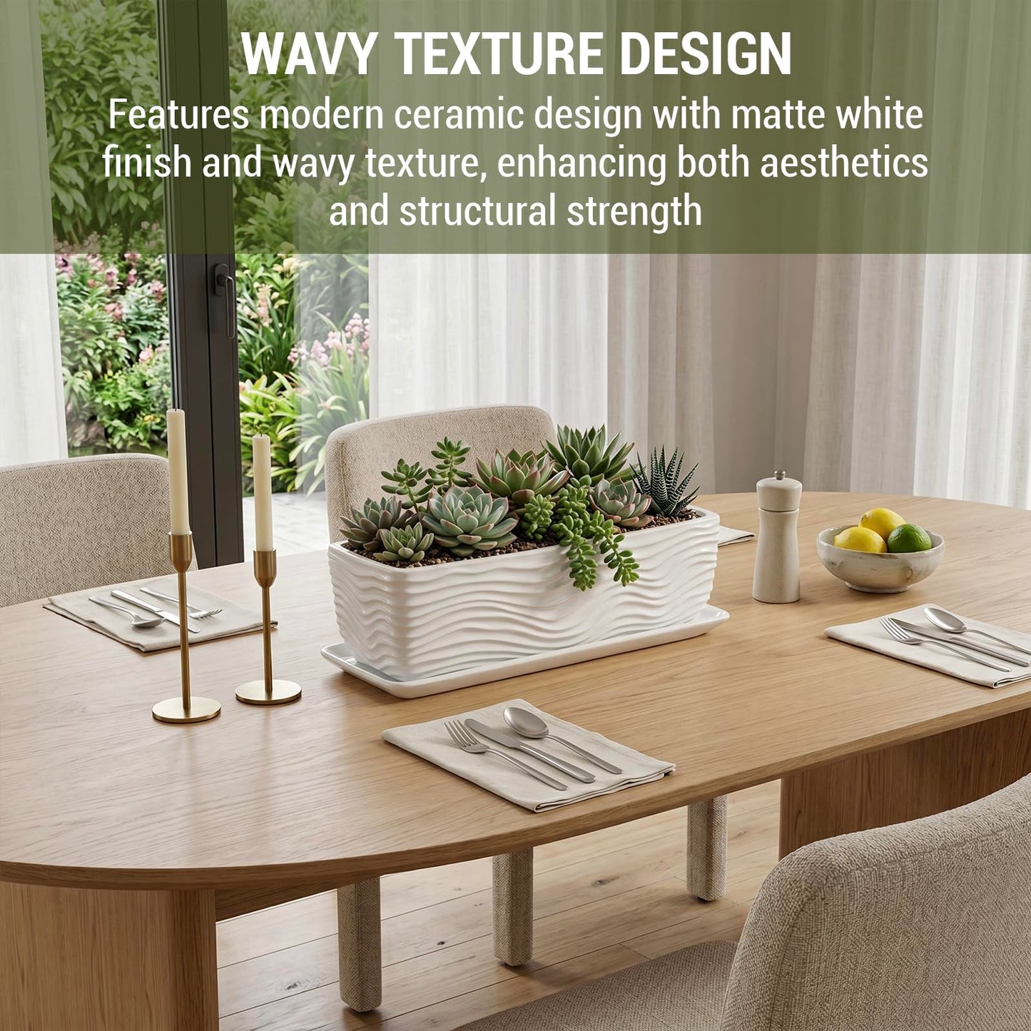 MyGift 12.5 inch Ceramic Planter, Modern Textured Rectangular Succulent Flower Plant Pot with Wave Design and Removable Drip Tray Saucer (White)