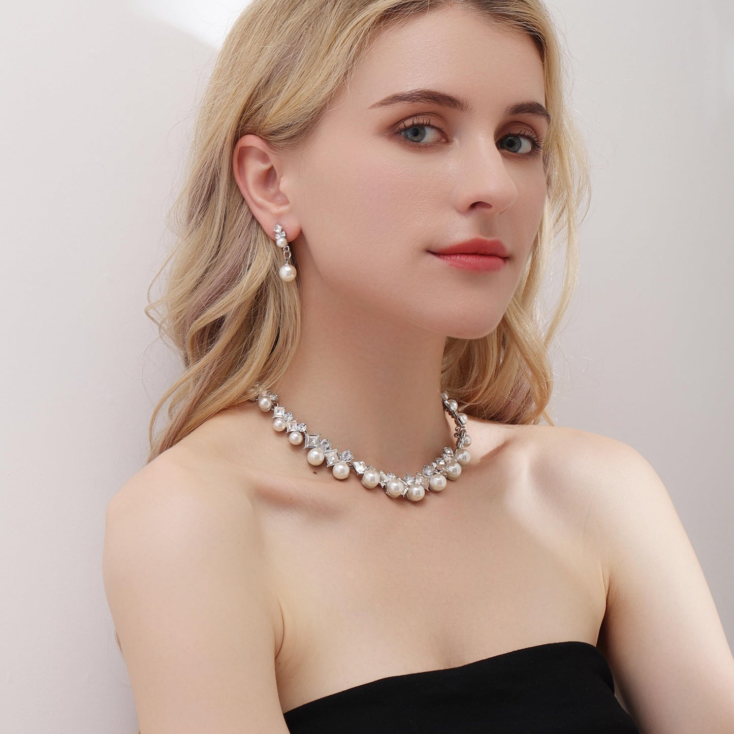 Ailunor Pearl Jewelry Set: 14K Gold/Silver Plated Pearl Drop Earrings, Bracelets & Choker Necklace - Wedding Bridal Gift (2pcs Silver)
