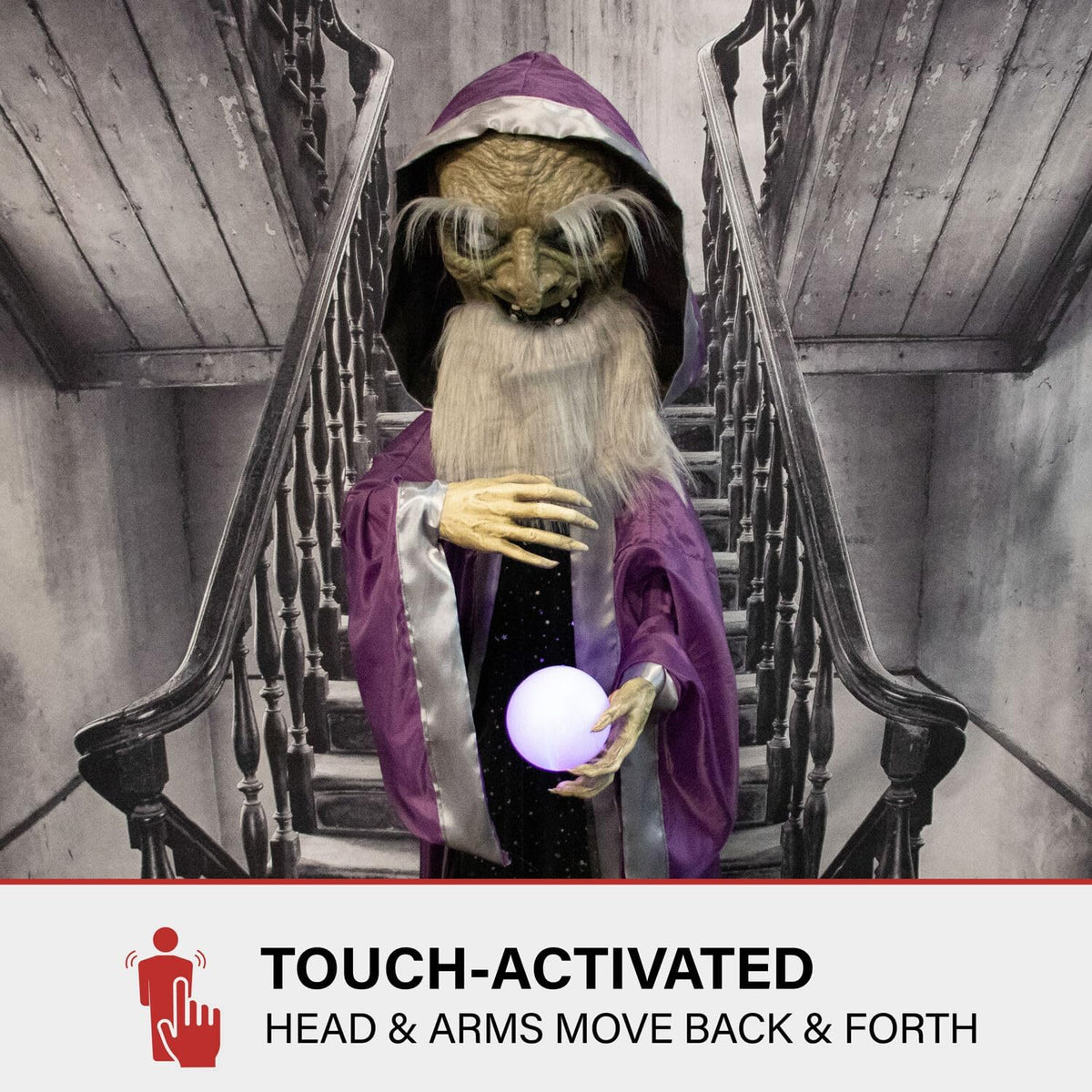 Haunted Hill Farm Talking Wizard Halloween Animatronic with Movement and Light-Up Crystal Ball for Scary Indoor or Covered Outdoor Halloween Decorations, Battery Operated Halloween Prop