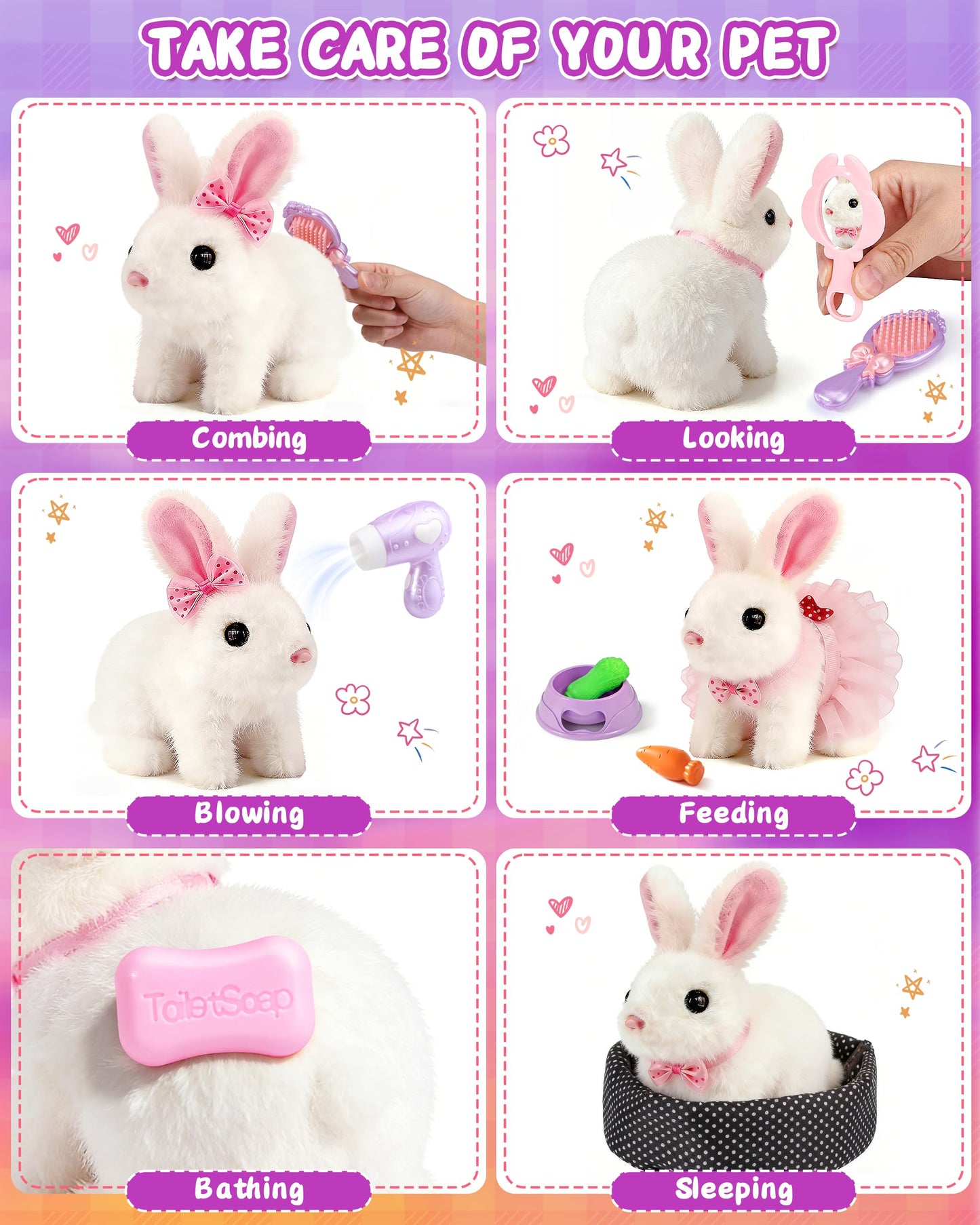 23Pcs Hopping Bunny Toy Set for Kids, Interactive Electric Walking Rabbit with Rolling Carrier House, Pretend Play Pet Care Grooming & Feeding Kit, Stuffed Animal Gift for Toddlers 3-5
