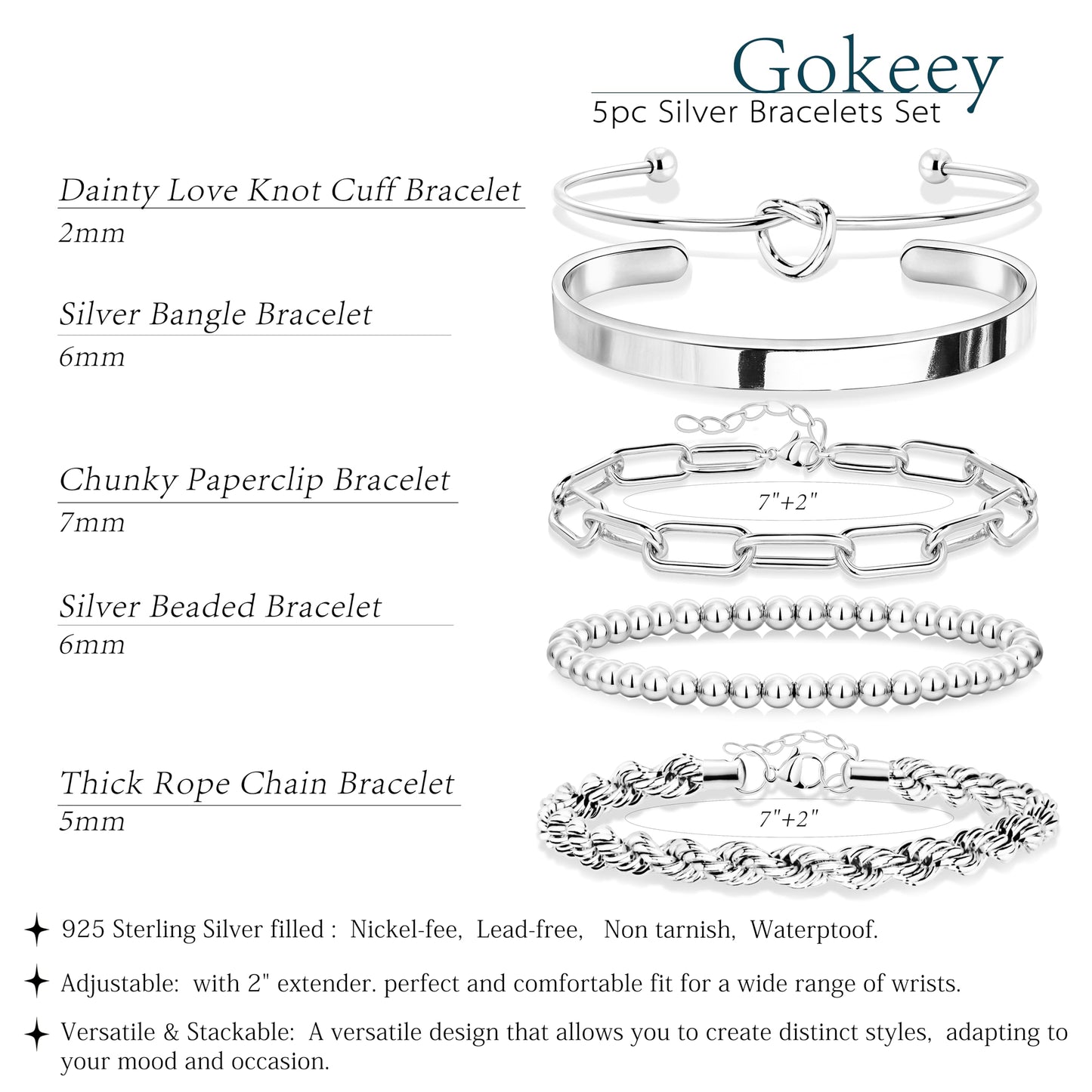 Gokeey Silver Cuff Bracelets for Women,Dainty Silver Bangles Bracelets Set for Women, Paperclip Link Chain Rope Beaded Tie Knot Bracelets Stack Chunky Jewelry