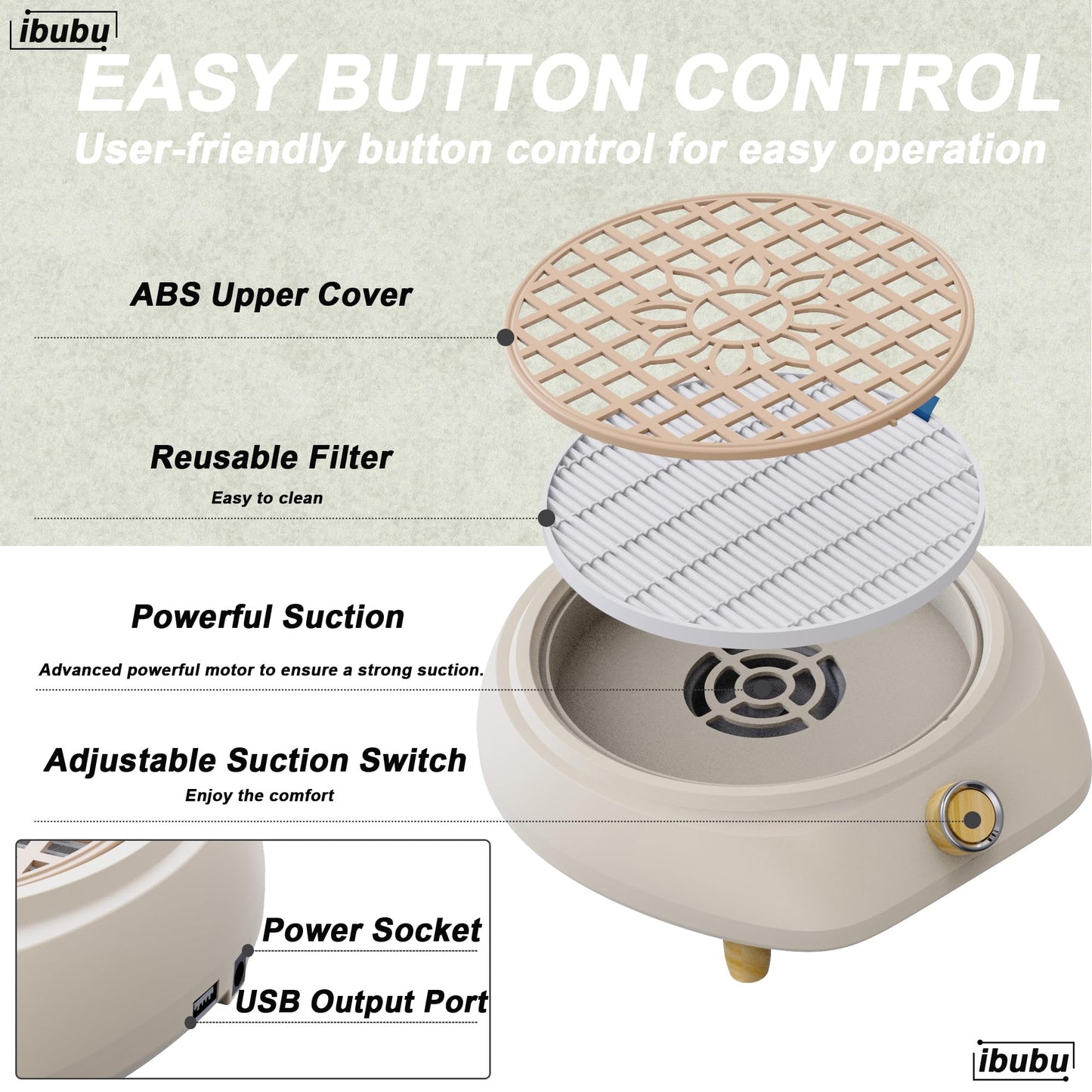 ibubu Upgrade Small Nail Dust Collector Vacuum Cleaner Machine 130W Powerful Strong Fan Extractor Suction Electric Nail Filer Manicure Dust Collector Quiet with Multiple Tool Kits for Home Salon