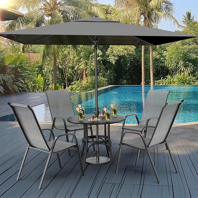 VINGLI Patio Chairs Set of 8 – Stackable Outdoor Dining Chairs with Comfortable Sling High Back Chairs and Armrests for Lawn, Poolside, Courtyard, Balcony, Garden, Silver Gray