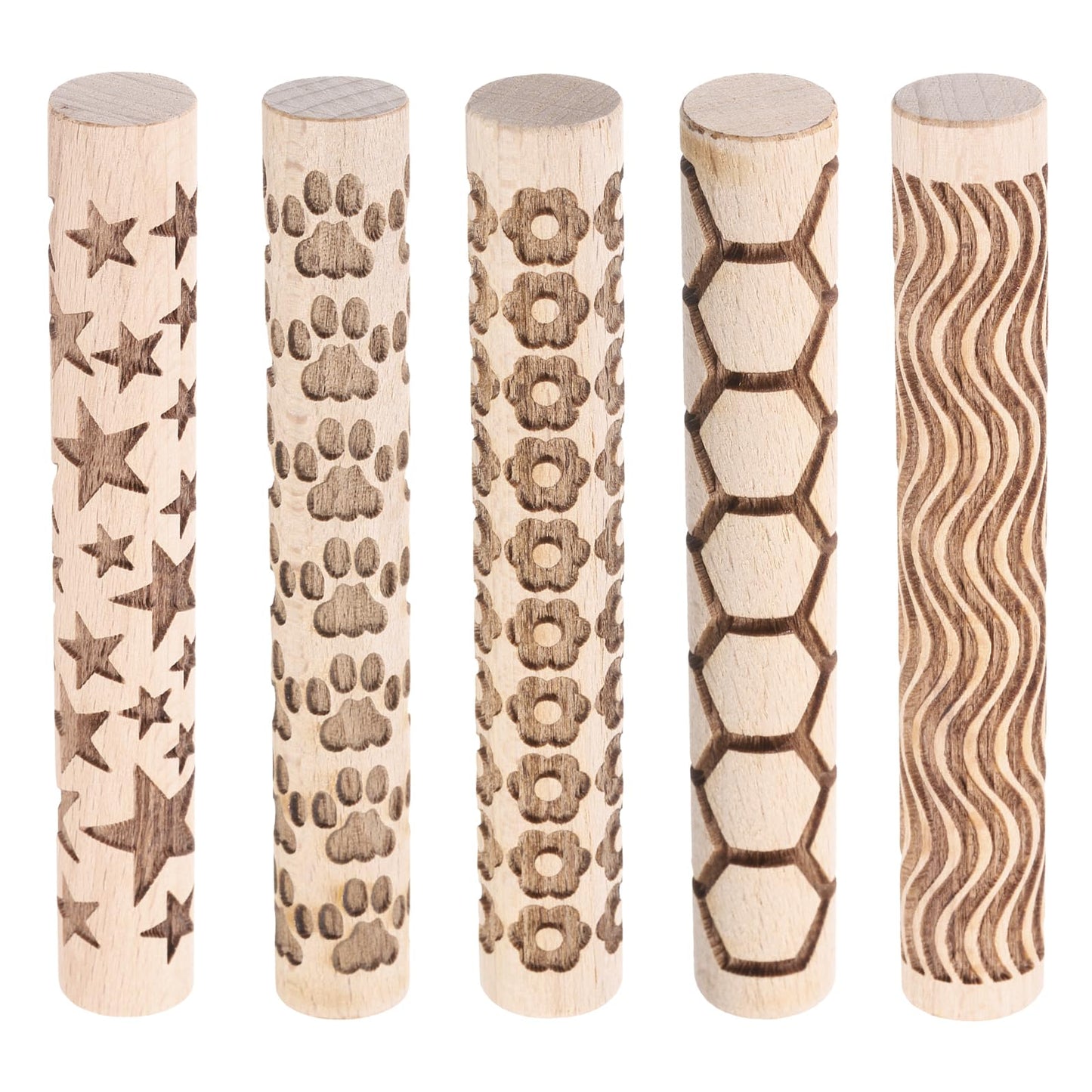 HARFINGTON 5pcs Wood Clay Roller 4"Lines Flower Paw Print Hexagon Star Pattern Rolling Pins Pottery Tools Wood Grain Texture Rollers for Clay Baking Dough Playdough DIY