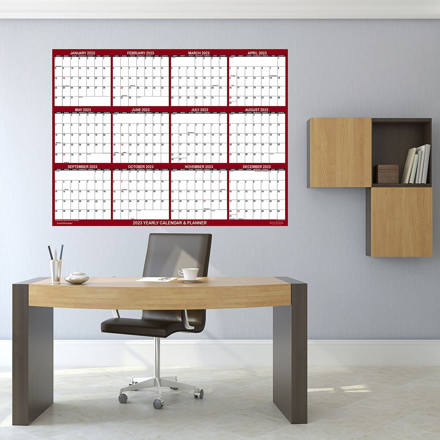32" x 48" SwiftGlimpse 2026 Wall Calendar Erasable Jumbo XL Wet & Dry Erase Laminated 12 Month Annual Yearly Wall Planner, Reversible, Horizontal/Vertical, Maroon