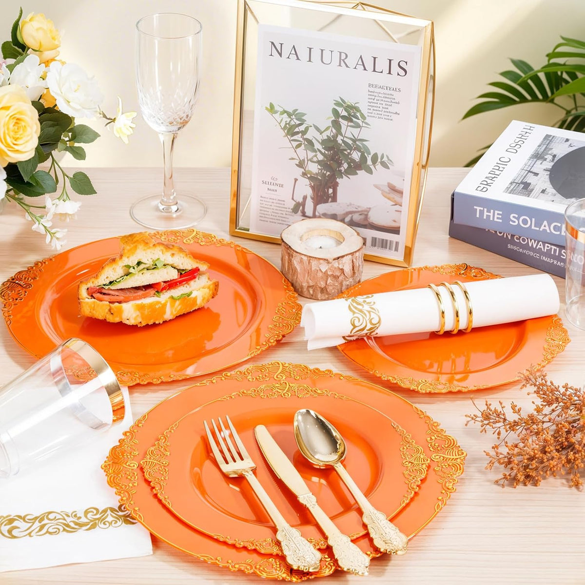 Nervure 175PCS Orange Plastic Plates - Orange and Gold Disposable Plates for 25 Guests Include 50Plates, 25Cups, 25Forks, 25Knives, 25Spoons, 25Napkins for Wedding & Party