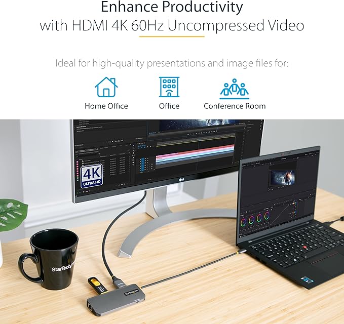 StarTech.com 6-in-1 USB-C Hub for Monitors, 4K 60Hz HDMI Video, HDR10, Gigabit Ethernet, USB 5Gbps Hub, 100W Laptop Charging with Cable Management for MacBook M1 M2 M3 M4 and Windows