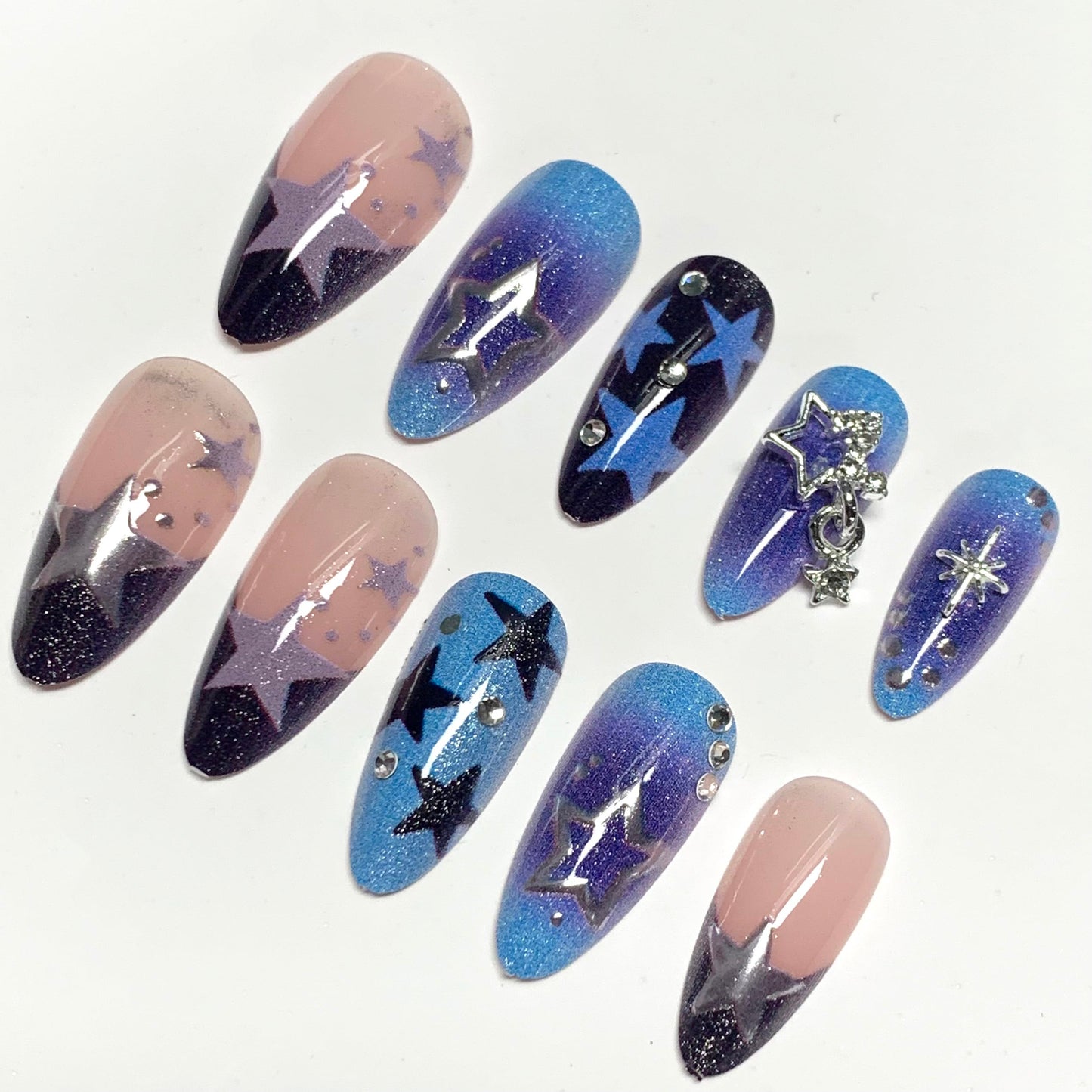 BABALAL Press on Nails, Almond Medium Fake Nails, Blue Black Y2k, Silver Star Print, Gothic French Tip Reusable Bling Glue on False Nails 24Pcs