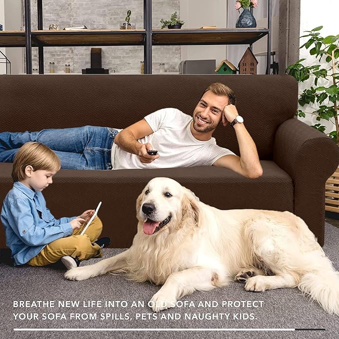 XINEAGE 2026 New Extra Large Couch Cover for 3 Cushion Couch (91"-110") 1 Piece Stretch Oversized Sofa Slipcovers Jacquard 4 Seater Furniture Protector Elastic Bottom for Kids,Pet (XL Sofa, Coffee)