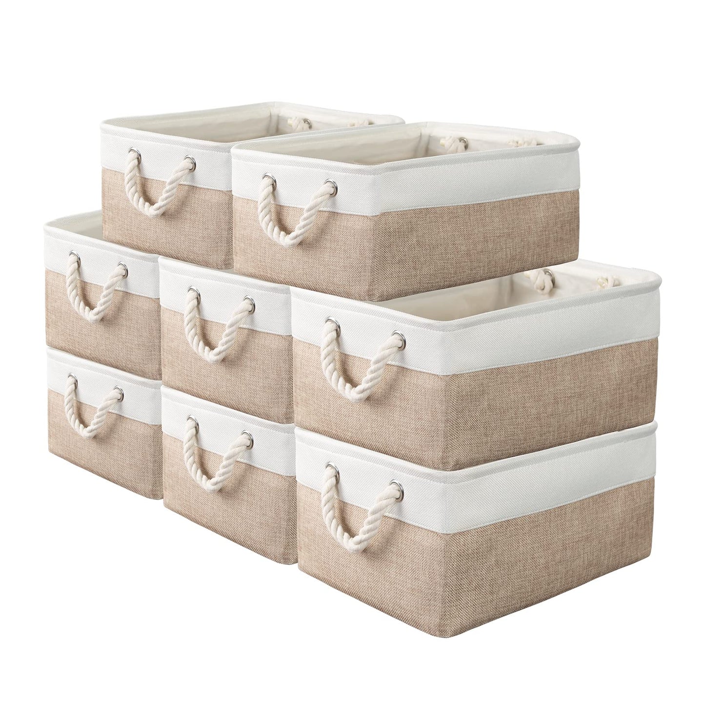 8 Pack Storage Basket Bins - Decorative Baskets Bulk Storage Box Cubes Containers with Handles for Clothes Storage Bathroom, Garage, Books, Home, Office, 13.7L x 9.8W x 6.7H (White&beige)