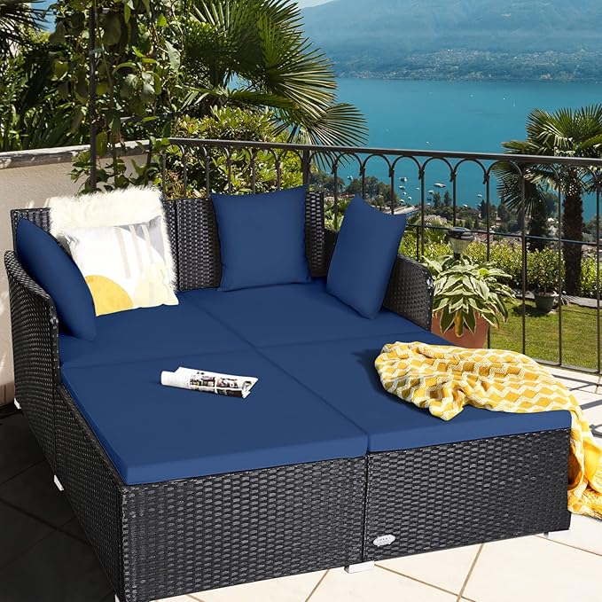 HAPPYGRILL Patio Rattan Daybed Outdoor Loveseat Sofa Set with Padded Cushion Pillows and Sturdy Aluminum Foot Wicker Patio Furniture for Garden Porch Poolside