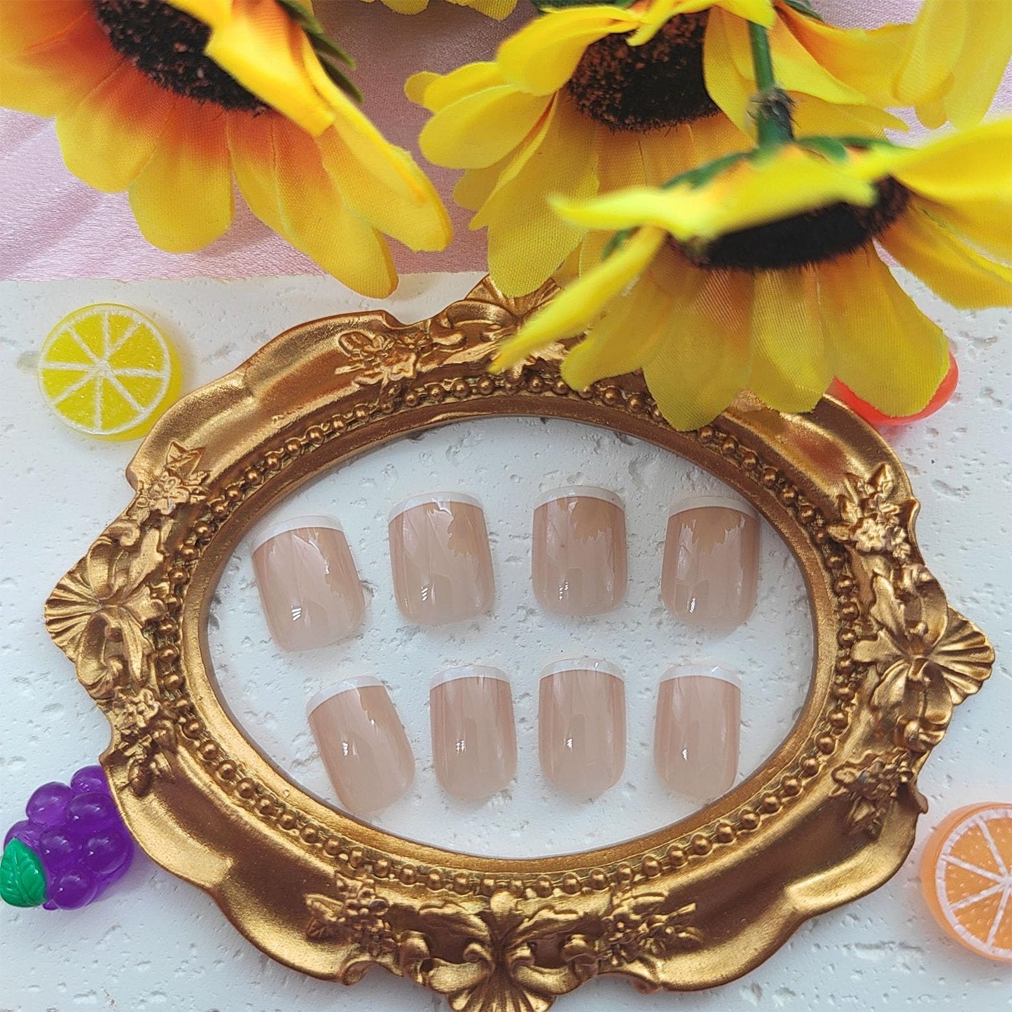 Square Press on Nails Short Fake Nails with White French Tip Designs Daily Wear Simple Nails Press ons Glossy Glue on Nails Nude Full Cover Artificial Stick on Nails for Women 24Pcs