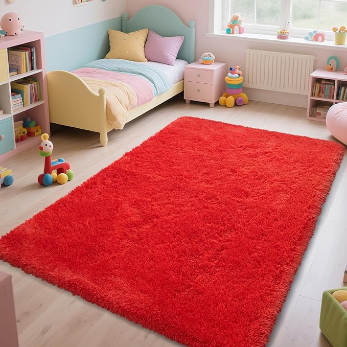 Red Shag Area Rugs for Bedroom Living Room,Ultra Soft Fluffy Christmas Area Rugs 6X9 for Dorm, Indoor Carpet Nursery Rugs for Kids Girl Room Home Decor, Red