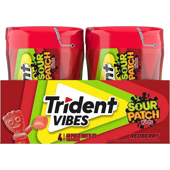 Trident Vibes SOUR PATCH KIDS Redberry Sugar-Free Chewing Gum, 4-40 Piece Bottles (160 Total Pieces)
