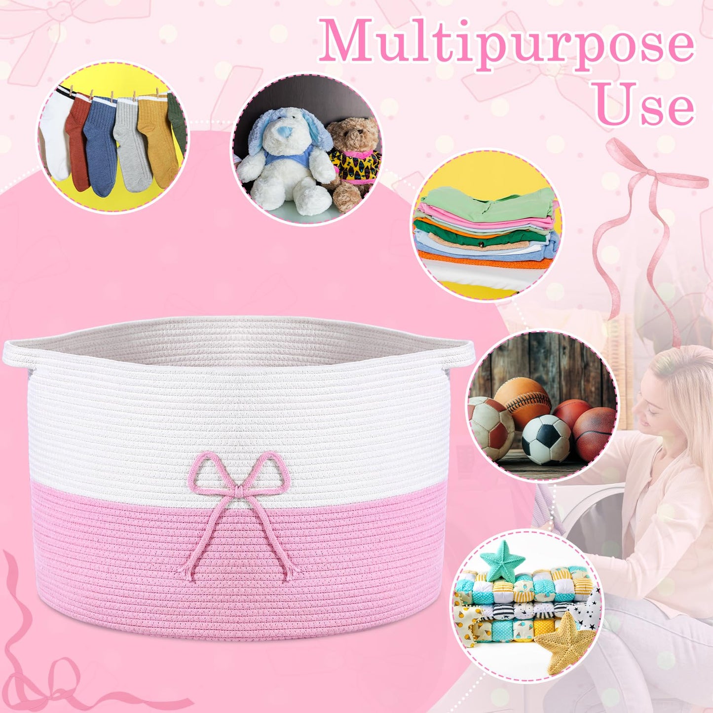 Breling 70L Pink Bow Extra Large Cotton Rope Basket 21" x 14", Woven Baby Laundry Blanket Basket Box with Handle Storage, Blanket Storage for Living Nursery Pillows Laundry Baby Toy Chest
