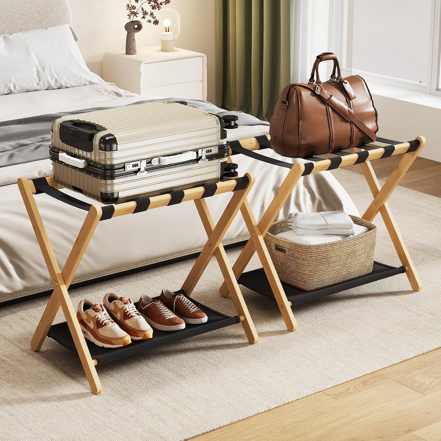oakvivo Fully Assembled Luggage Racks Pack of 2, Bamboo Natural Foldable Luggage Rack for Guest Room, Suitcase Stand with Fabric Storage Shelf for Hotel, 5 Nylon Straps, 26.77" W x 16.93" D x 22.5" H