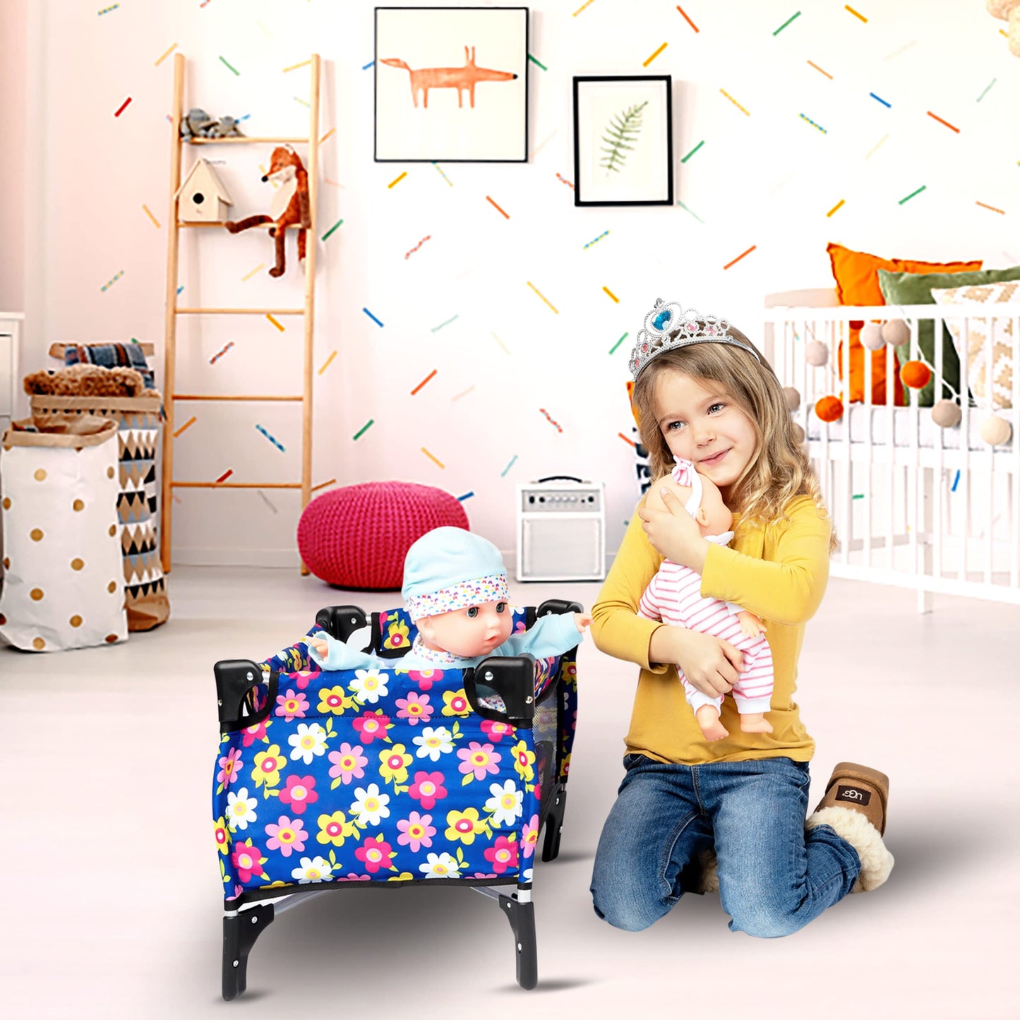 Baby Doll Crib Set, Toy Pack n Play Bassinet Blanket & Carry Bag for Baby Doll Playpen Fits up to 20" Doll | Allows for Easy Compact Folding for Storage Toy,