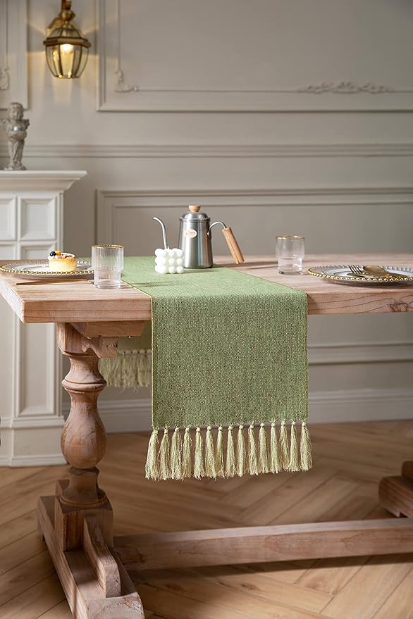 ZeeMart Green Table Runners 36 Inches Long, Burlap Linen Style Rustic Farmhouse Table Runner, Small Short Boho Coffee Table Runner, 13x36 Inches, Grass Green