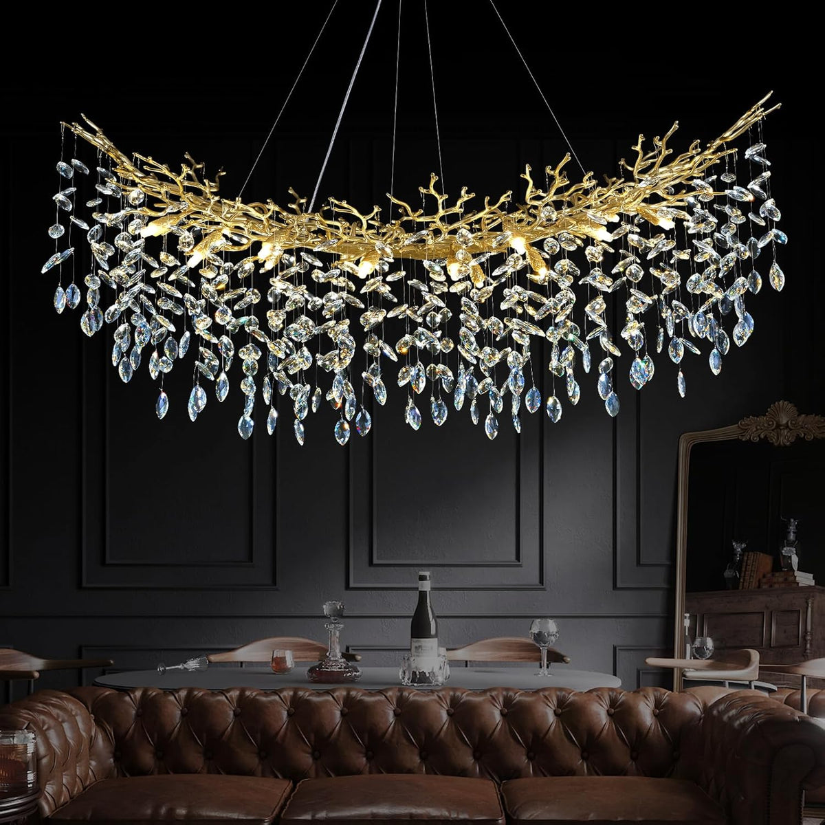 Modern Crystal Gold Chandelier, 55" Large Rectangular Oval Tree Branch Crystal Chandeliers for Dining Room,16-Light Flush Mount K9 Crystal Chandeliers, for Kitchen Island,Dining Room