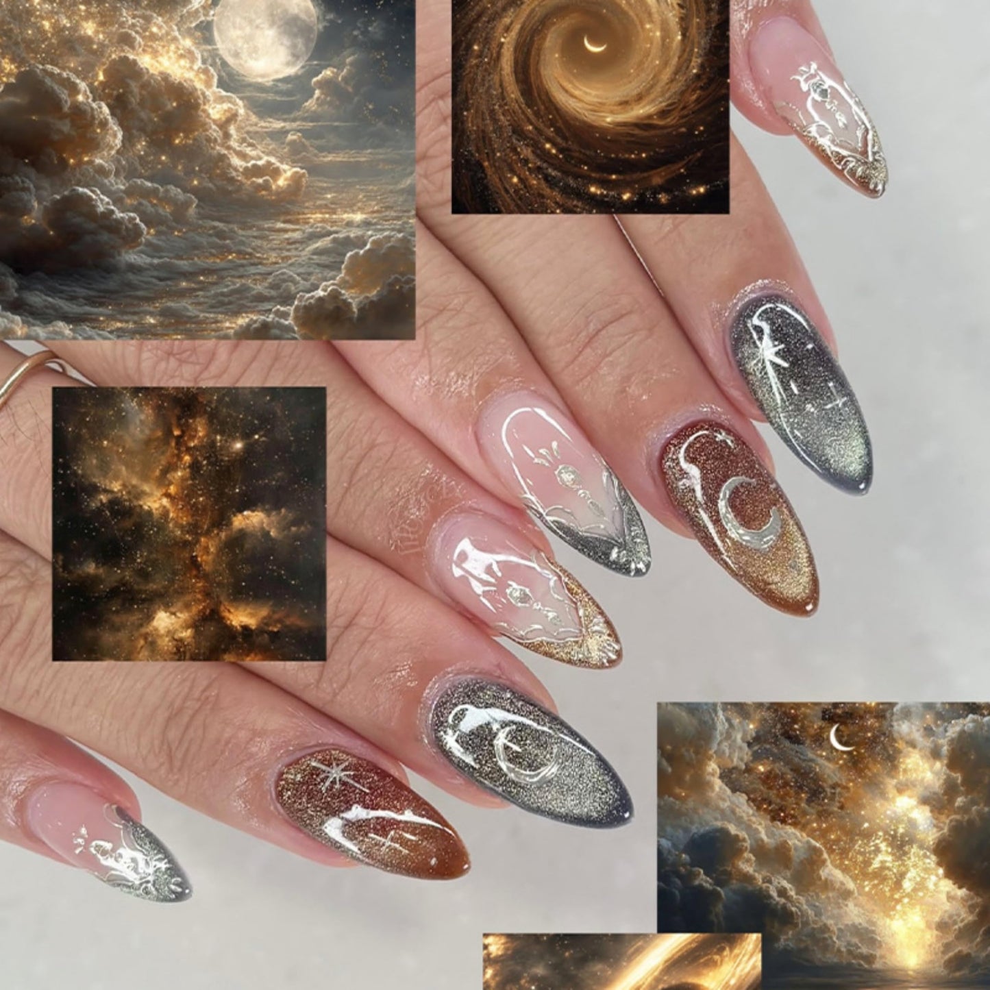 Long Press on Nails Almond Fake Nails Brown and Silver Acrylic Nail Press ons Seeneey Moon and Silver Floral Charm Designs Cat eye Stick on Nail for Women 24pcs