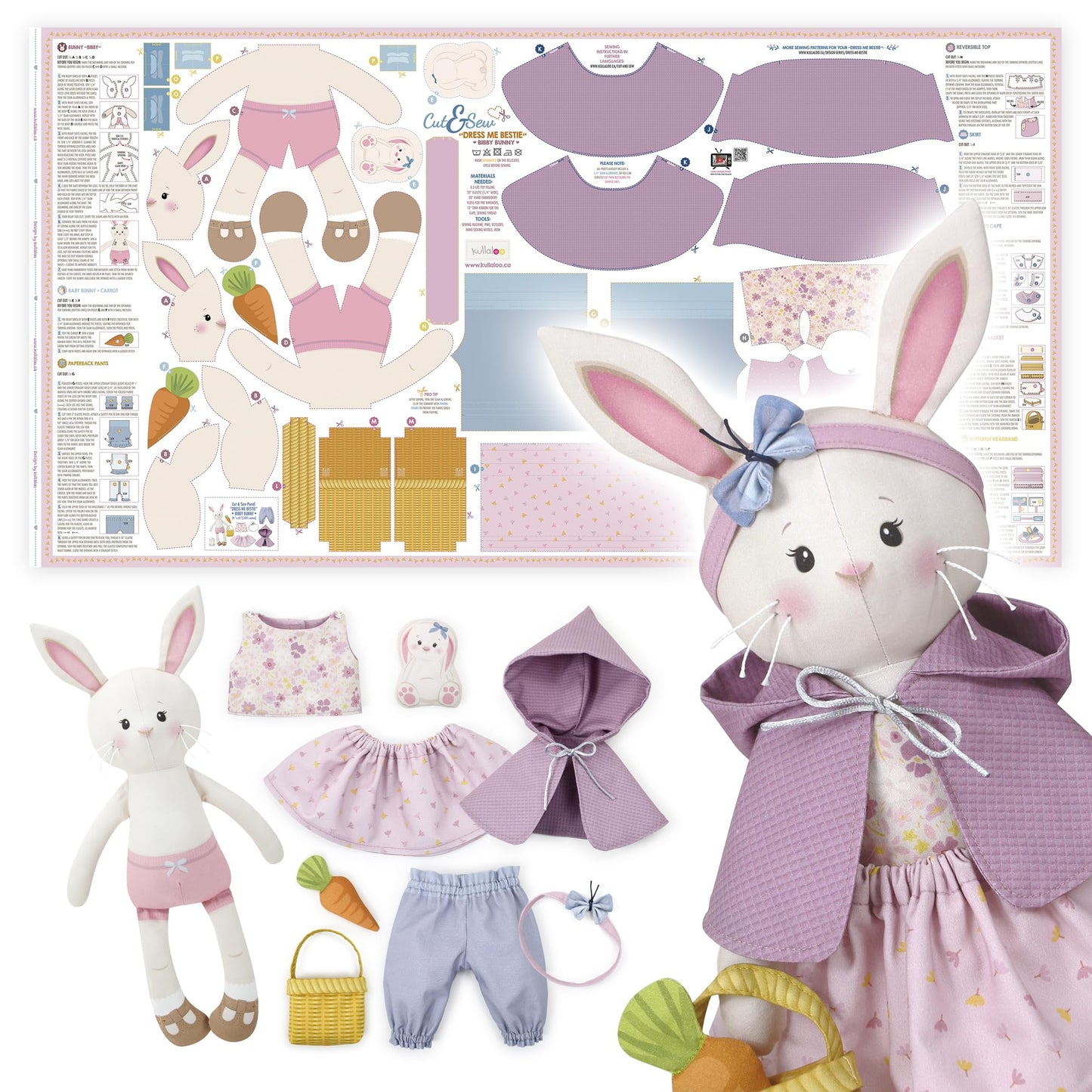 Doll Sewing Panel for Intermediate Skills - with Video Instructions - Cut & Sew Fabric Panel Doll with Clothes: Dress Me Bestie Bibby Bunny