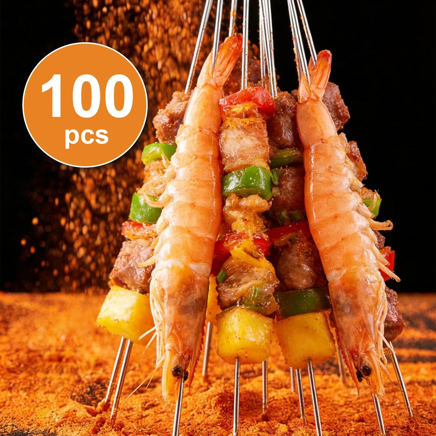 WillBBQ 100PCS 13" Round Stainless Steel BBQ Skewers with Metal Storage Tube - Reusable Grilling Sticks for Lamb, Beef, Chicken, Shrimp, Vegetables