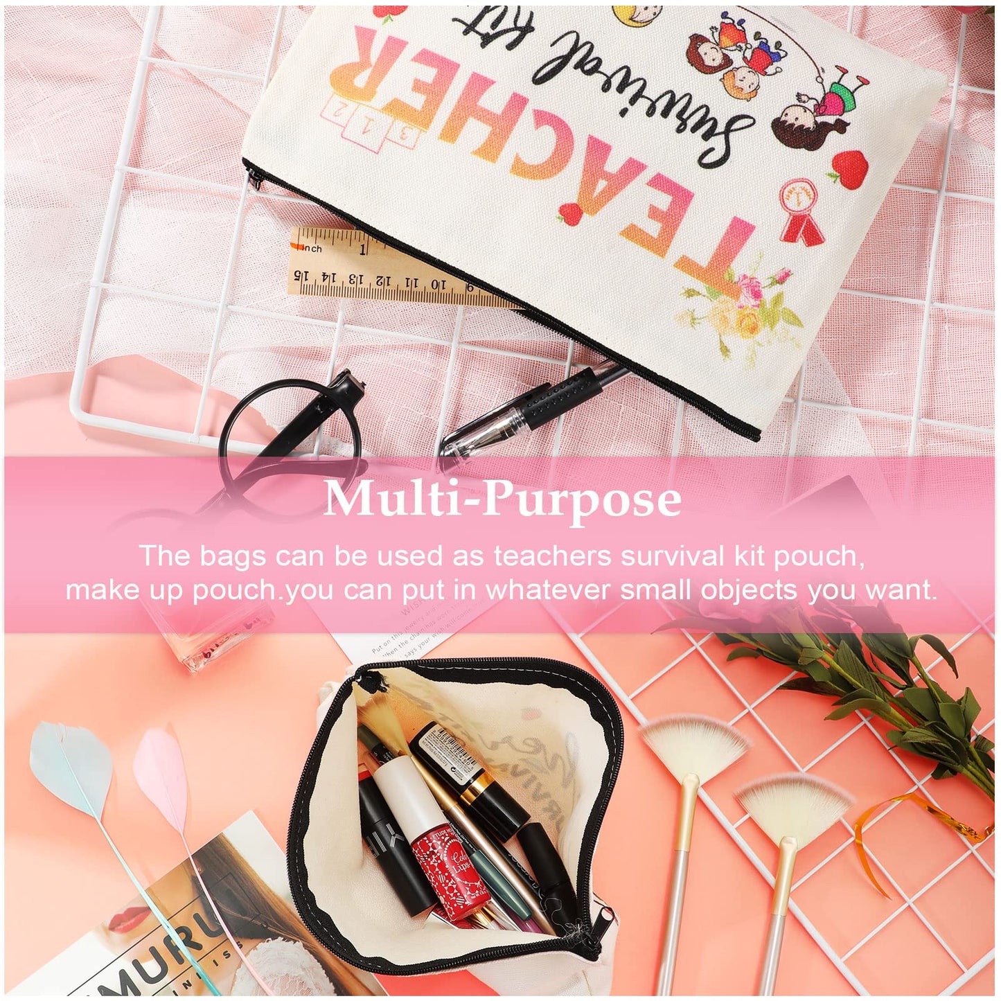 Frienda 48 Pieces Teacher Appreciation Present Set 24 Pcs Teacher Survival Kit Makeup Bag Pouch 24 Pcs Blessing Card Bracelet Cosmetic Bag Kit for Back to School Thanksgiving Party