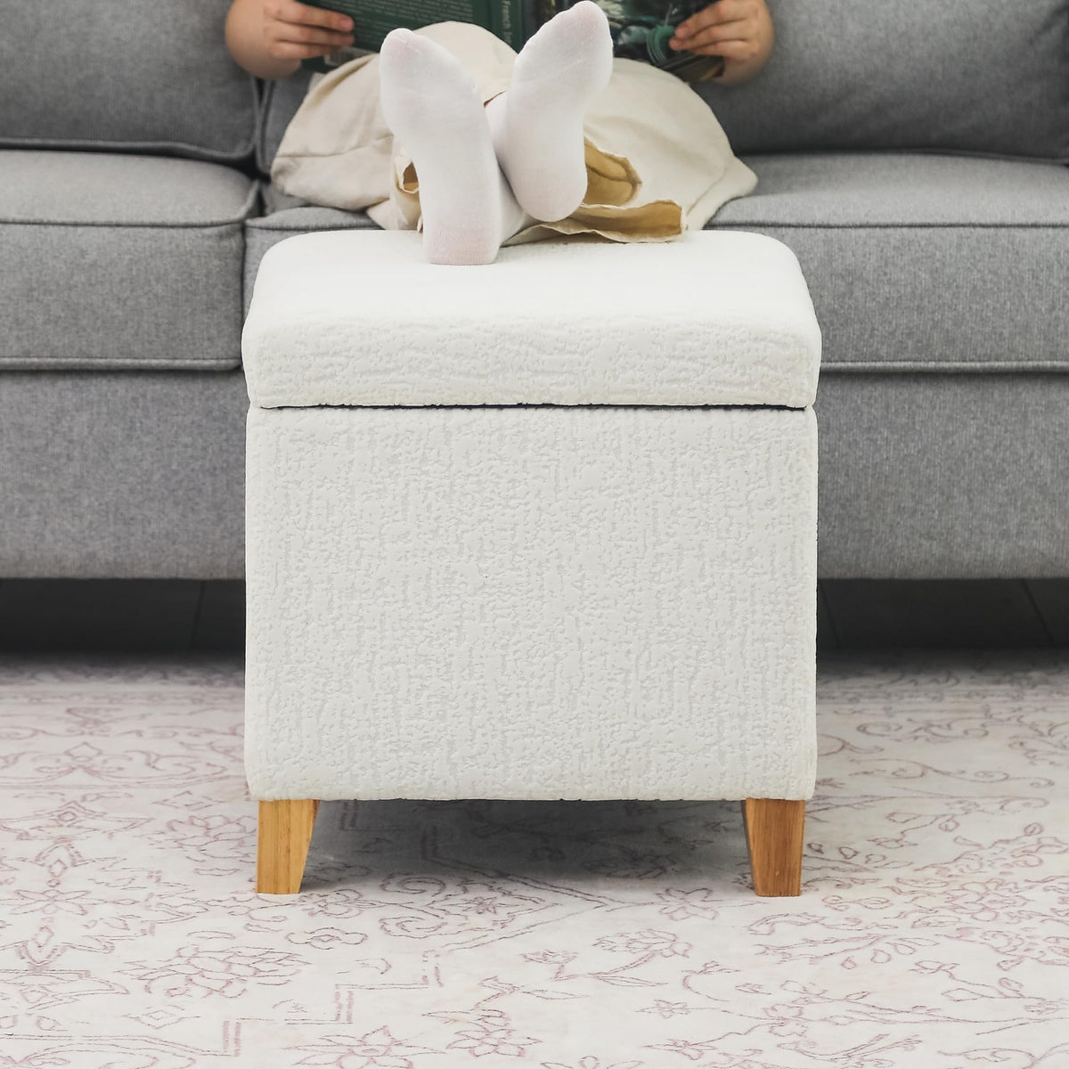 18 Inch High Faux Fur White Cube Ottoman Storage