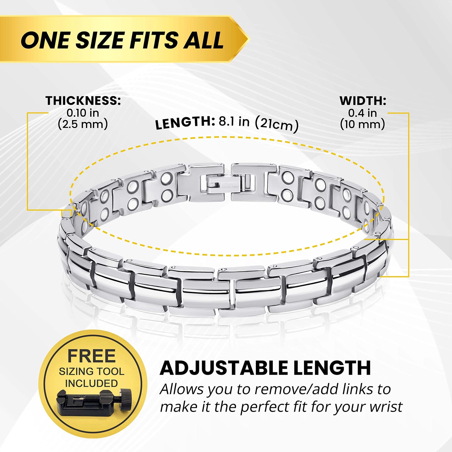 MagnetRX Women's Ultra Strength Magnetic Bracelet – Effective Titanium Magnetic Bracelets for Women – Adjustable Length with Sizing Tool for Perfect Fit (Silver)