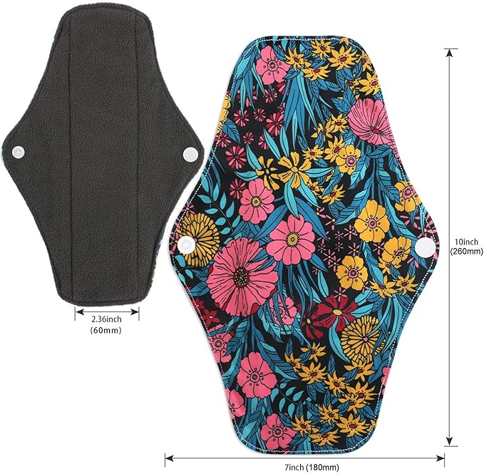 Reusable Menstrual Pads, Bamboo Cloth Pads for Heavy Flow with Wet Bag, Large Sanitary Pad Set with Wings for Women, Washable Overnight Cloth Panty Liners Period Pad (7 in 1, 25.4cm 4 Layers)
