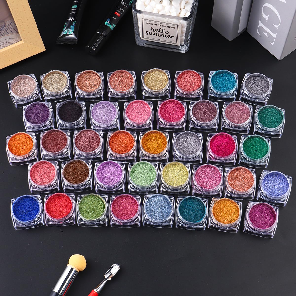 40 Colors Metallic Mirror Chrome Nail Powder Set, Professional Metallic Mirror Pigment with Holographic Shine, Includes Rose Gold Silver Champagne Shades for DIY Nail Art & Salon Manicure