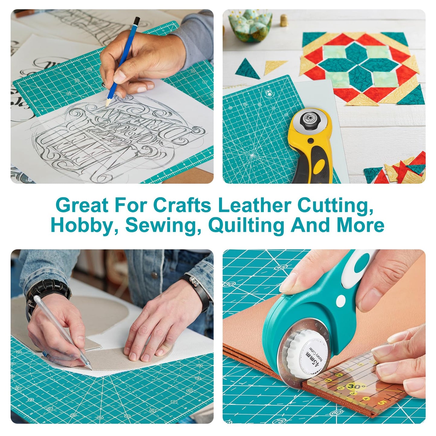 Headley Tools 12"x12" Rotating Cutting Mat, Self Healing Mat with 360-Degree Rotation & Anti-Slip Base, Sewing Board Cutting Mat Perfect for Fabric Quilting Leather Hobby Project, Turquoise