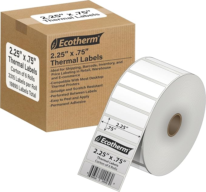 2.25" x .75" Thermal Labels | 6 Rolls | 19890 Labels | fits Zebra, Munbyn, Rollo, Godex, Arkscan, iDPRT, Offnova Thermal Label Printers and More | Blank White Adhesive Stickers by Ecotherm