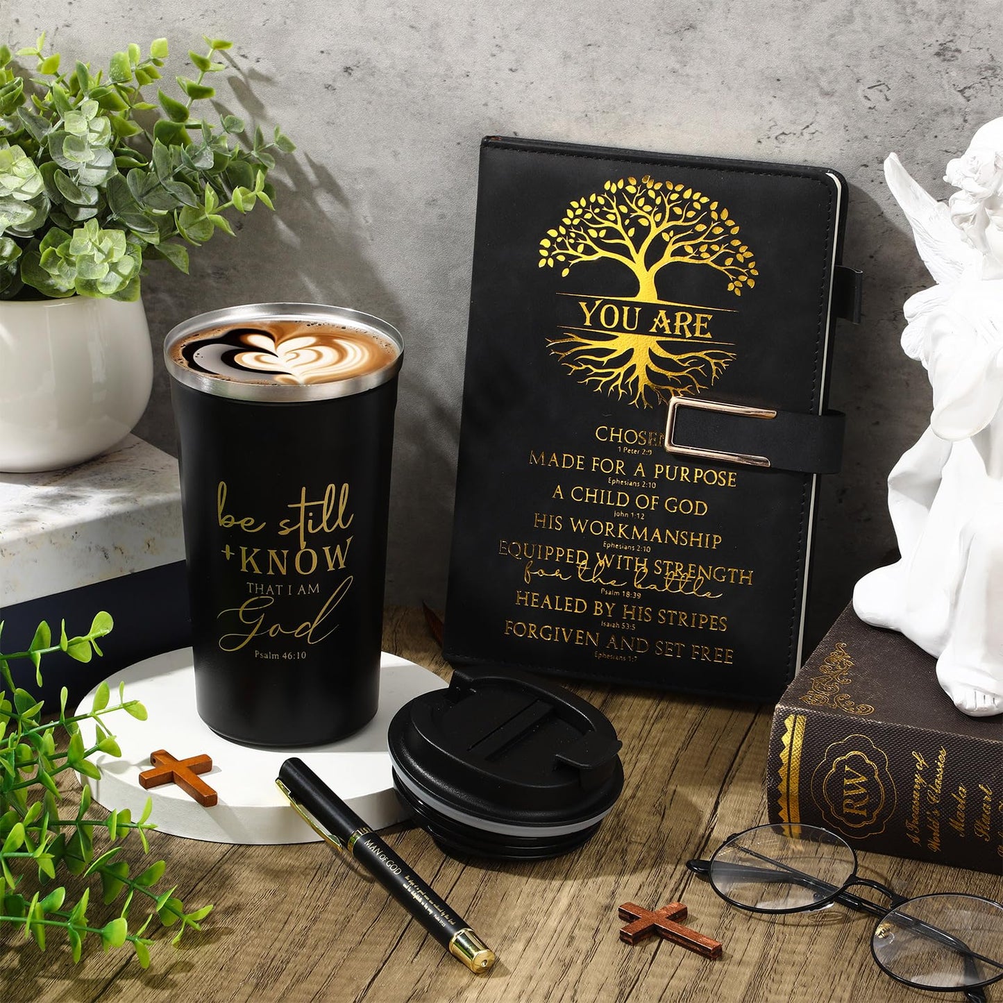 Pickmesh 3Pcs Fathers Day Christian Gift for Men Man of God Prayer Leather Journal with Pen Coffee Cup Bible Study Kit for Graduation Birthday Coworker Pastor Church(Be Still & Know,Black)