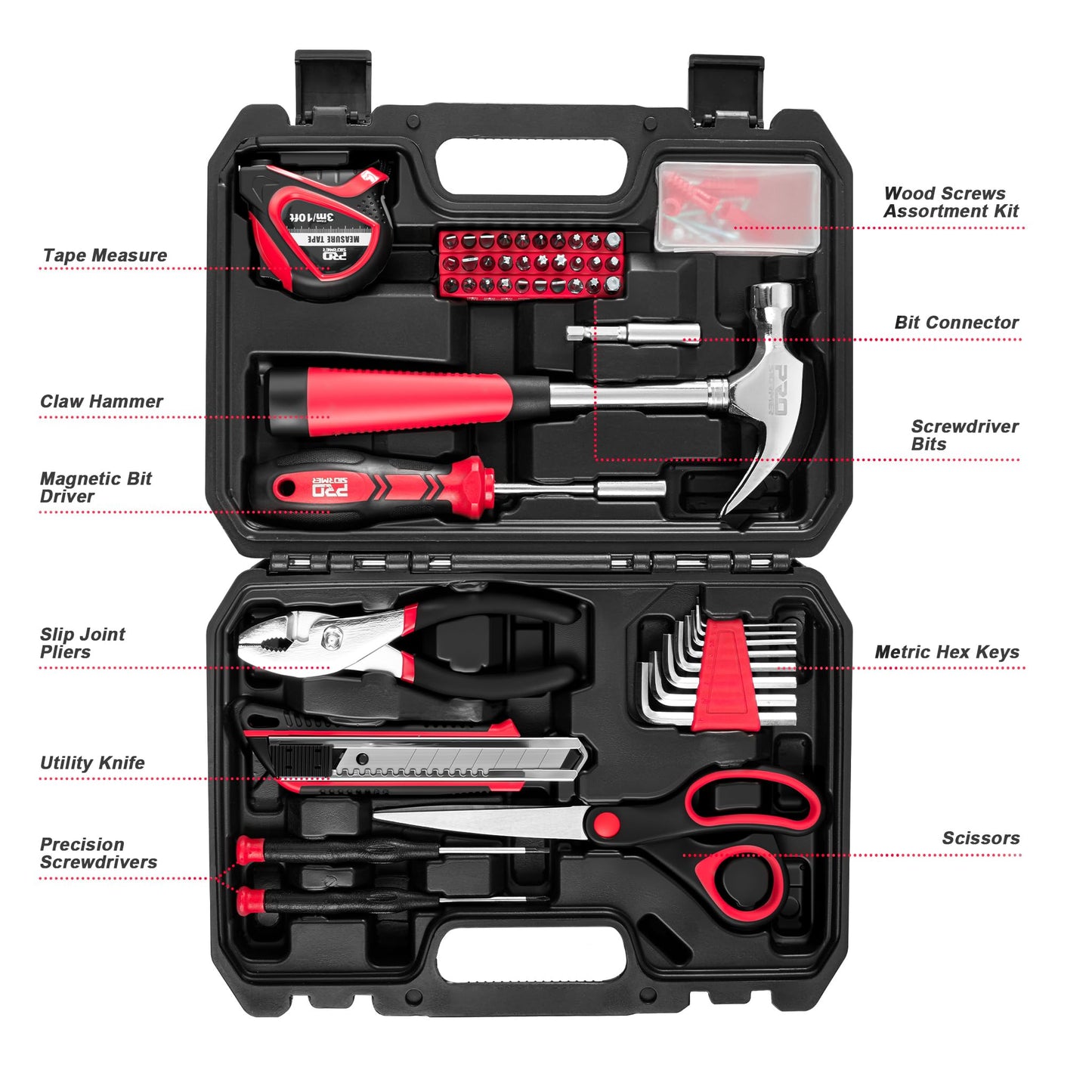 Prostormer 93-Piece Tool Kit, Basic Household Repair Tool Set with Toolbox Storage Case, Small Starter Tool Box Kit for Homeowners and College Students (Red)