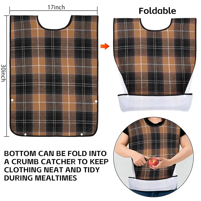 XKDOUS 2pcs Adult Bibs For Men Washable, Reusable Waterproof Large Bibs For Adult, Clothing Protector With Crumb Catcher, Brown & Green Bibs For Eating, Feeding Elderly Senior Citizens Gifts