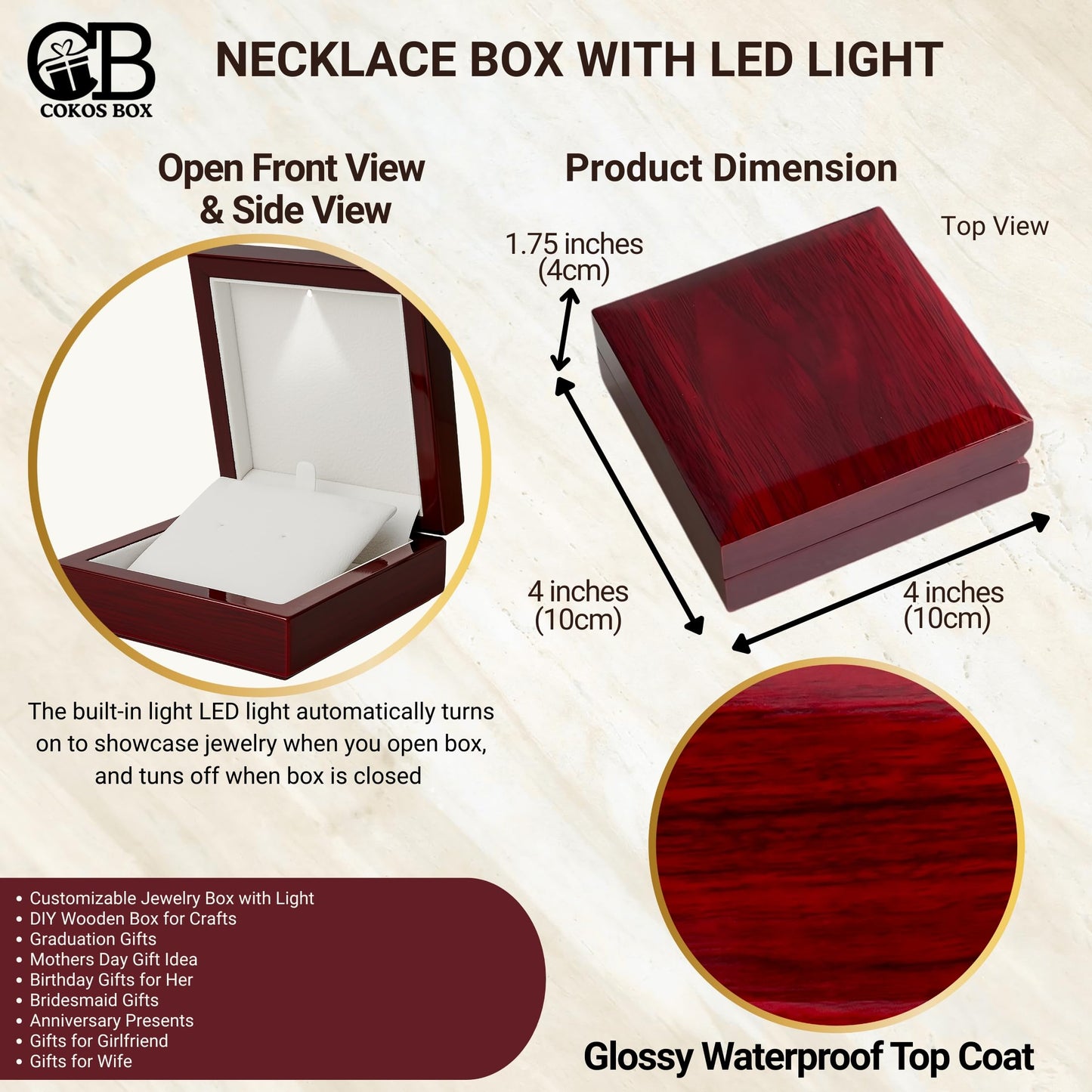 Necklace Box with LED Light – Small Jewelry Display Case for Bracelet, Earrings, or Chains – Luxury Lighted Wooden Presentation Box for Gifts, DIY Crafts, Mahogany, White Interior