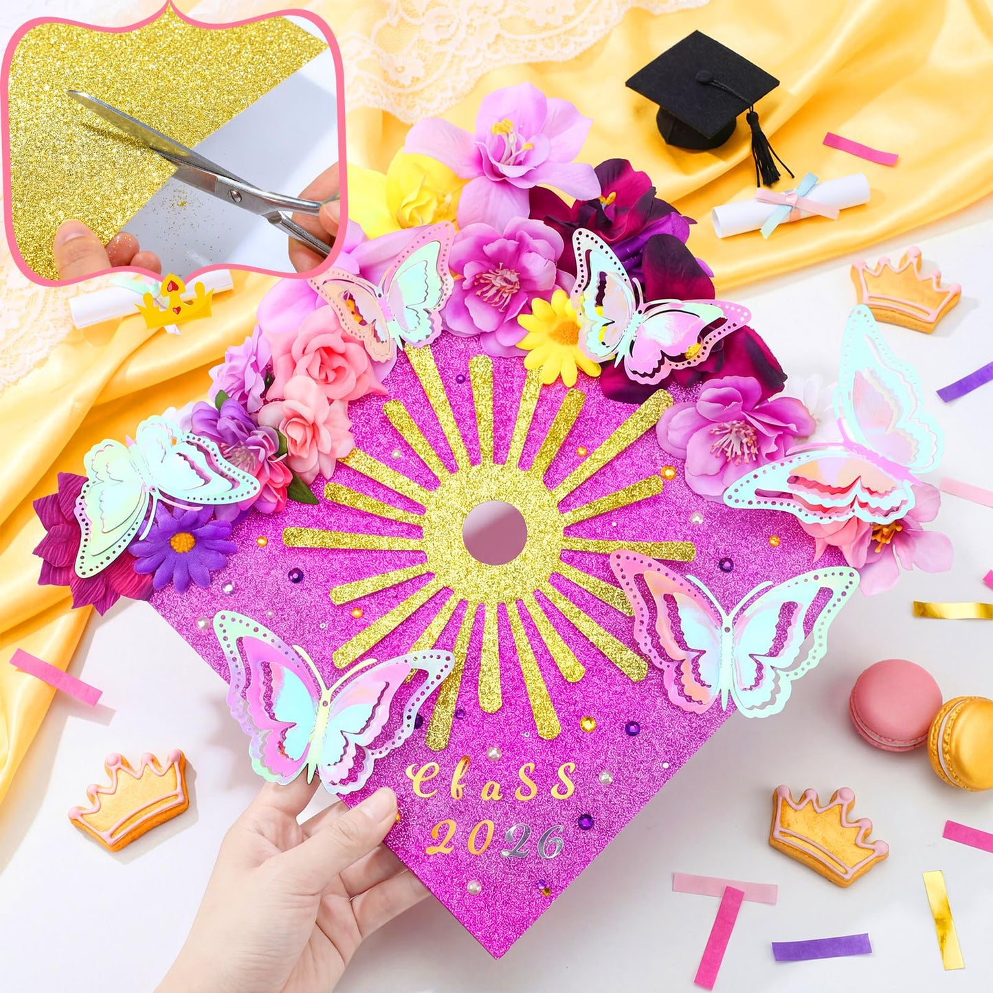 Wavwavw 47 Pcs DIY Purple Graduation Cap Decorations Accessory Kit 3D Artificial Flowers Butterfly Decals Rhinestone Pearl Stickers Letter Stickers Glitter Paper for Grad Hats Decor