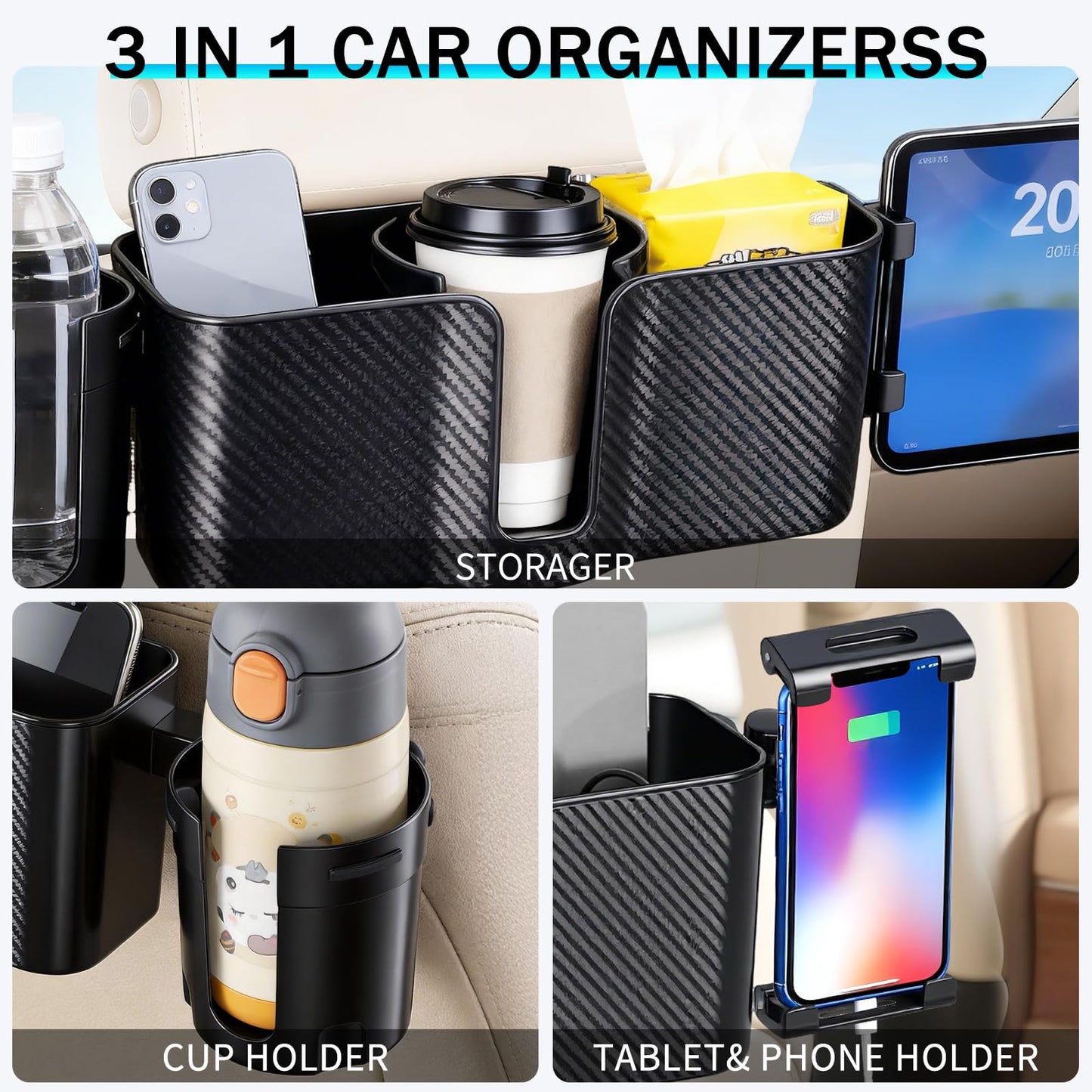 Boost 3 in 1 Car Backseat Organizer, Back Seat Storage with Cup Holder, Tissue Box, Tablet & Phone Holder Hooks, Travel Accessories for Kids Trips, Family Rides & Daily, Essential Accessory
