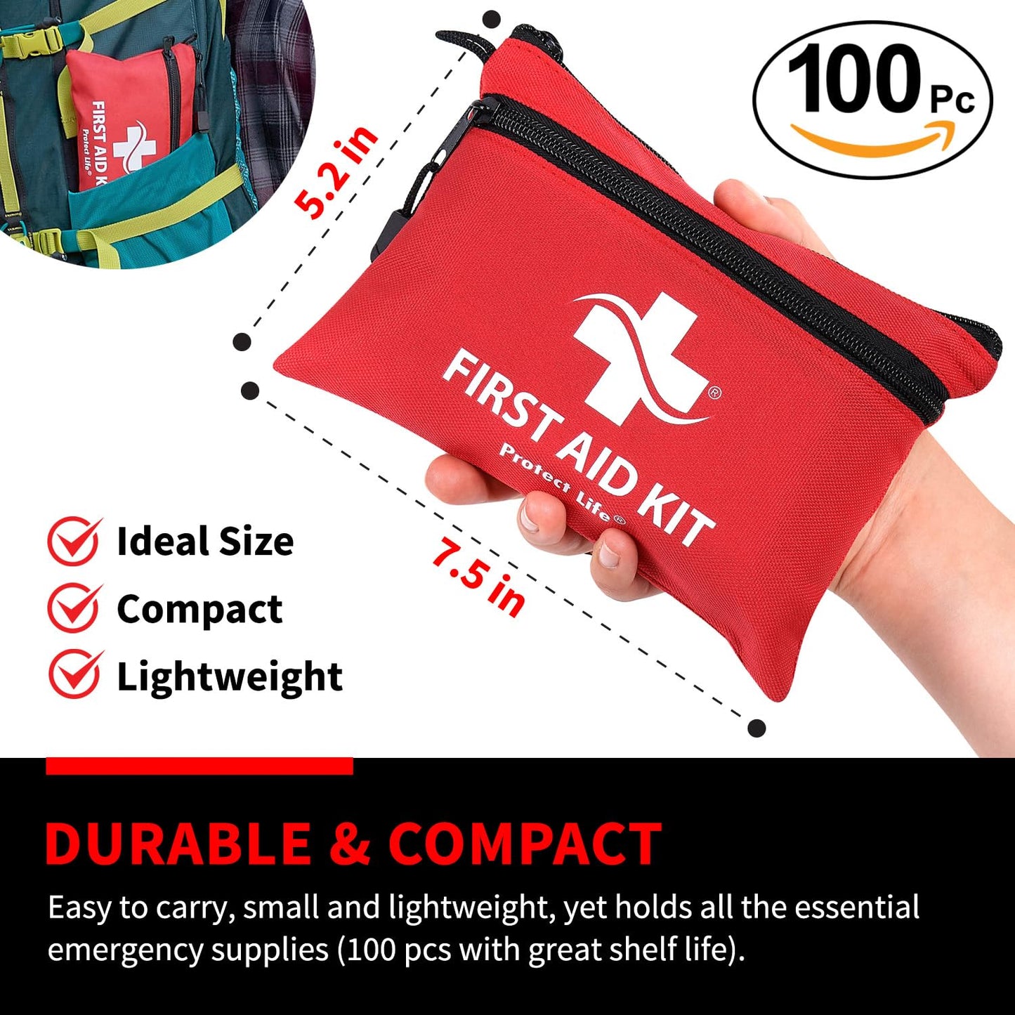Protect Life First Aid Kit, Travel First Aid Kit for Car, 100 Piece Compact Emergency Preparedness Starter Kit for Home, Office, Camping, Hiking