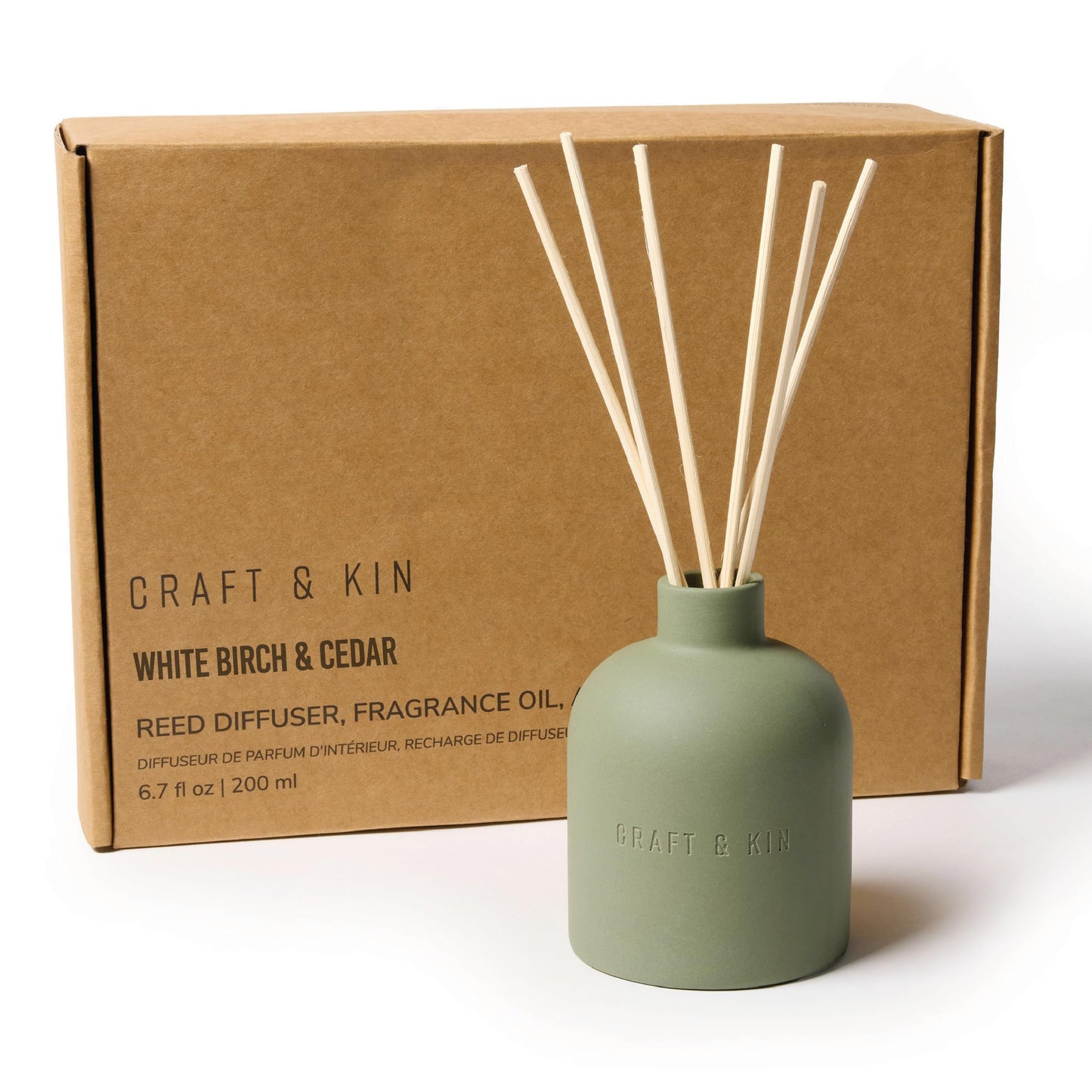 Craft & Kin Reed Diffuser for Home & Bathroom – White Birch & Cedar Holiday Reed Diffuser Set with Fragrance Sticks, Long-Lasting Alcohol-Free Winter Scent, Earthenware Collection, 6.7oz