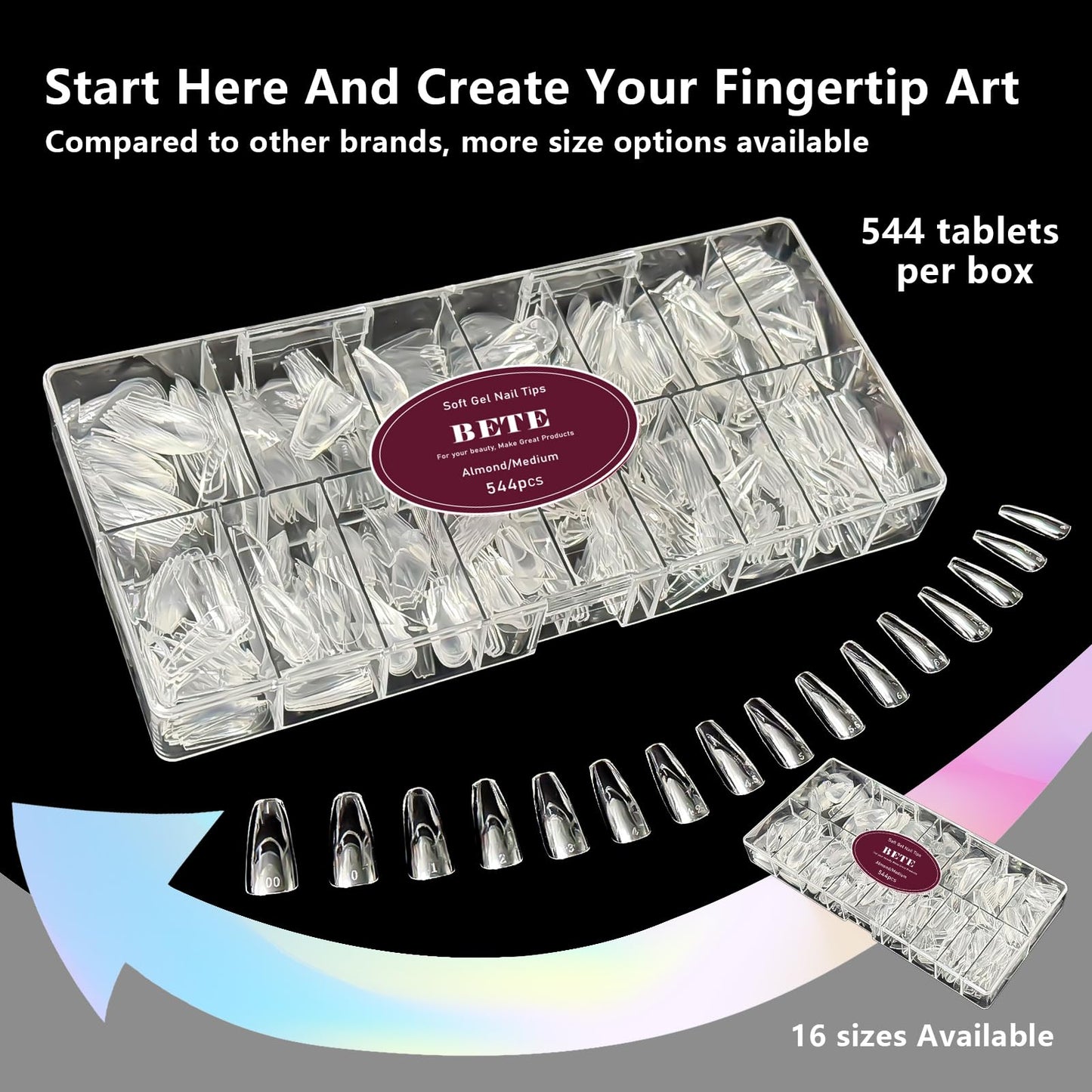 BETE Medium Almond Clear Acrylic Nail Tips–544Pcs 16 Sizes with Half Sizes, Tipex Instant Apex Full Cover False Nails, Pre-Shaped Strong Thick Press On Nails for Home & DIY Manicure