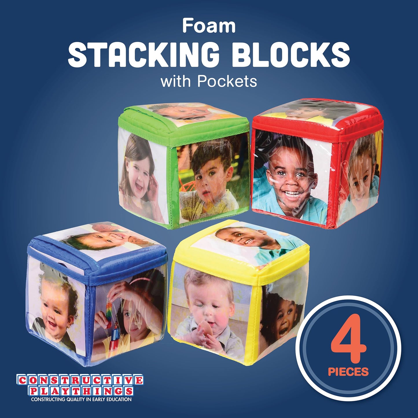Constructive Playthings Customizable Stacking Block Toys with Clear Pockets for Ages 12 Months+, Toddler Soft Foam Building Blocks, Builds Fine Motor Skills, Multicolor