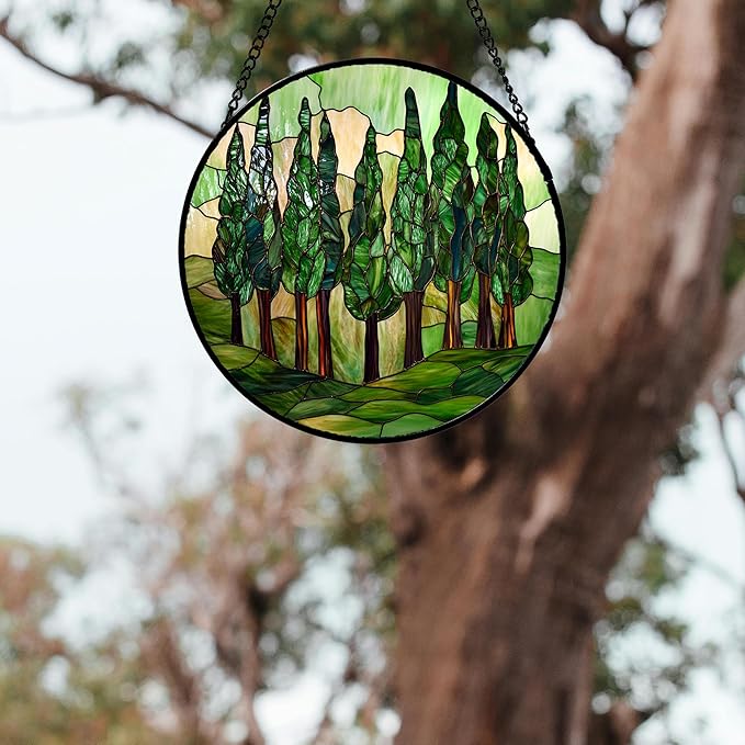 AMDERVEN Stained Glass Window Hanging 4 Pcs Set Forest Green Trees Winter Snow 9.8" - Suncatcher Door Garden Sun Catcher Home Decor Birthday Mother's Day for Woman Nana Mom Men