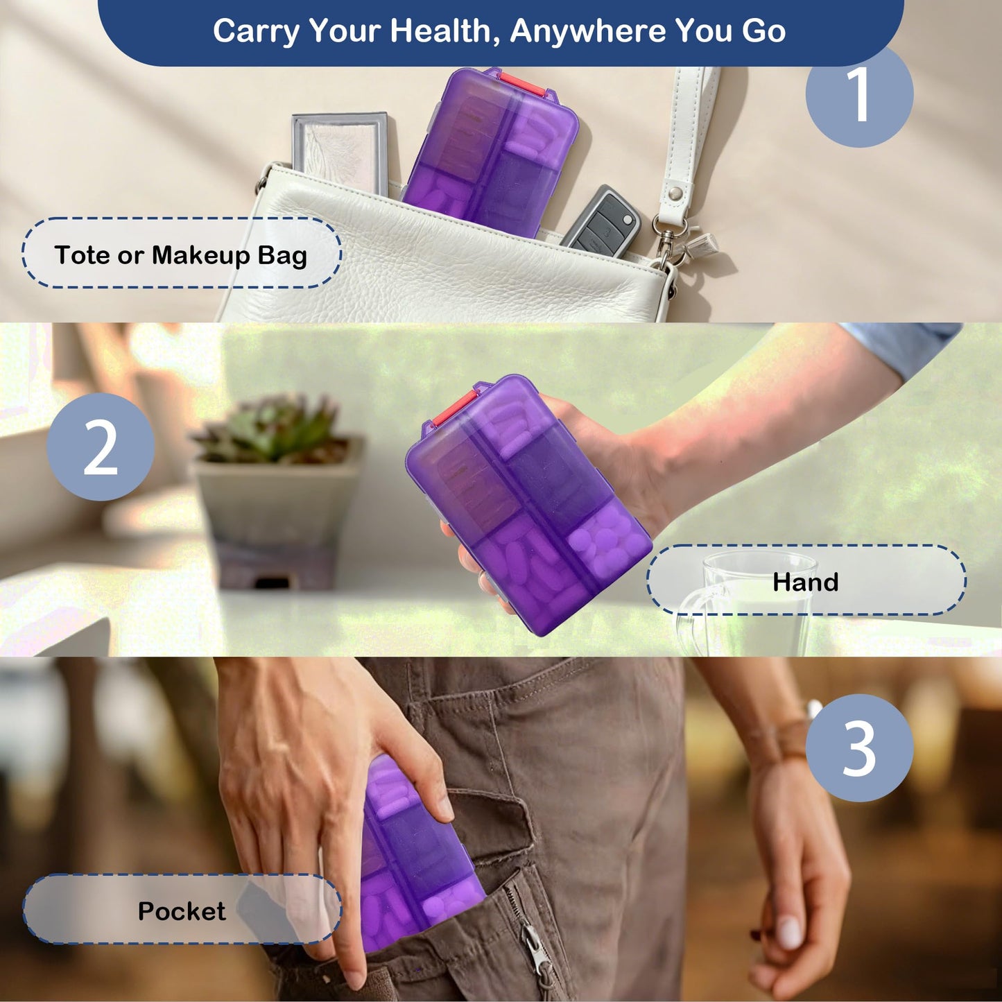 2026 New Extra Large Pill Box with Medicine Labels Travel Essentials Daily Med Container Mini Medication Organizer Storage Organizer Case 7 Day Pill Organizer(Purple)