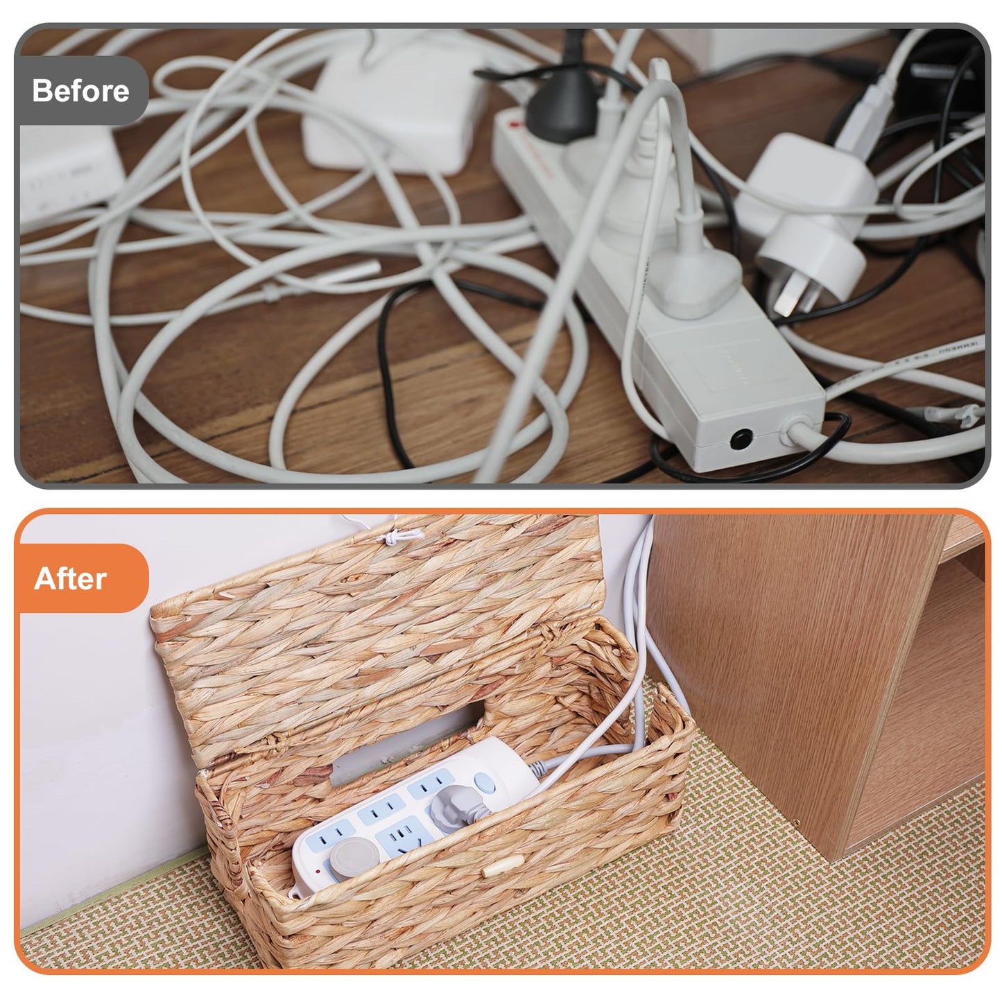 KWEEHAWTI Cable Management Box, Cord Hider Organizer Box with Lid 2-Pack,2 Side Open Slots Handwoven Water Hyacinth Storage Box for Power Strips, Floor, Desk, Office