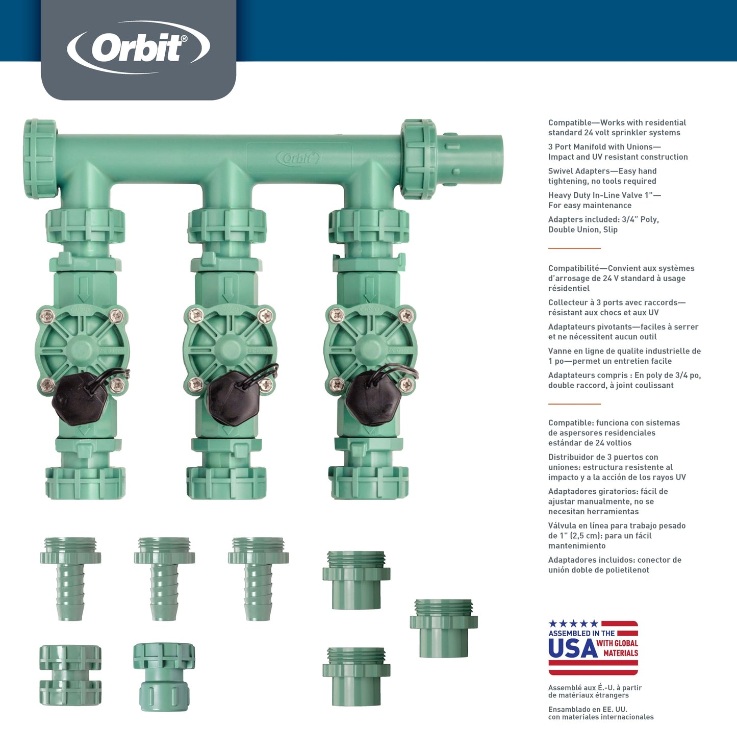Orbit 91207 3-Valve Preassembled Sprinkler Manifold for Poly Pipe (Pack of 3)