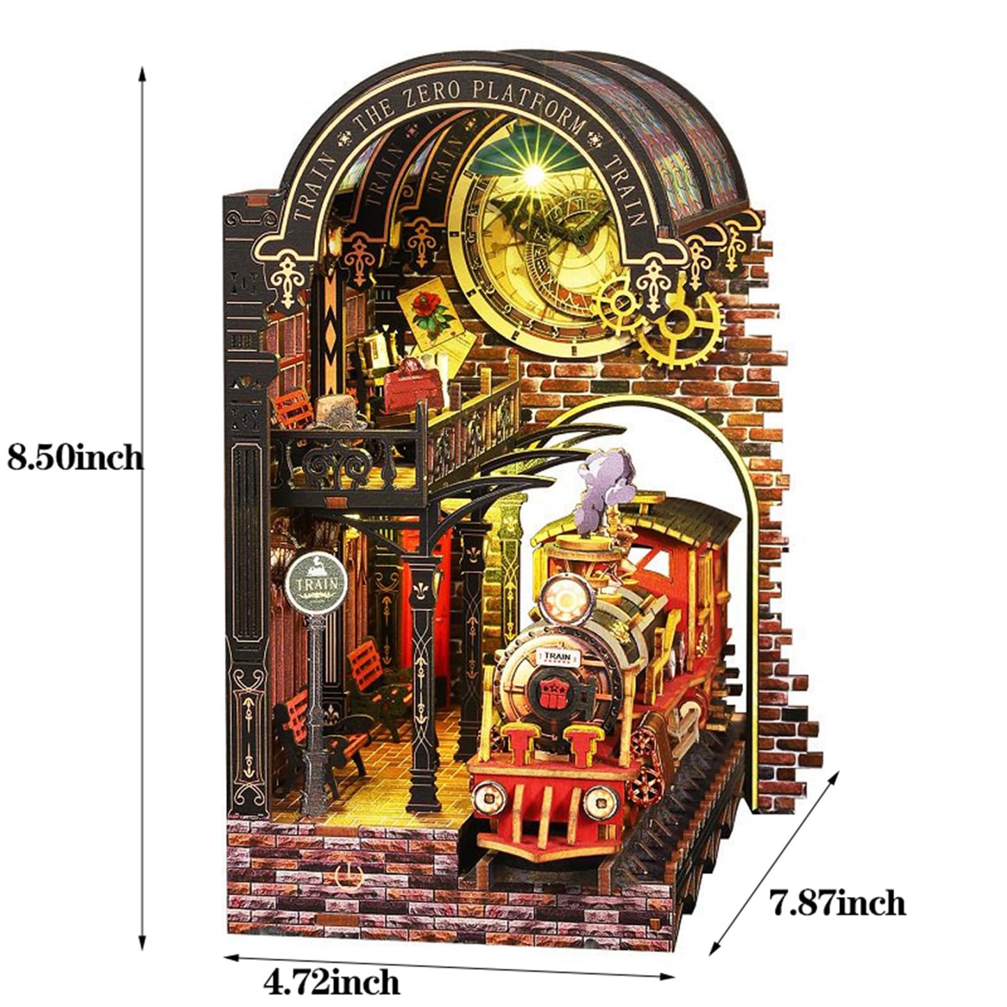 Bzmkpta DIY Book Nook Kit, 3D Wooden Puzzle Miniature House Model for Adults, Book Shelf Decor with LED Light, Miniature Bookstore Scenewith Steam Train, Creative Craft Kits for Adults