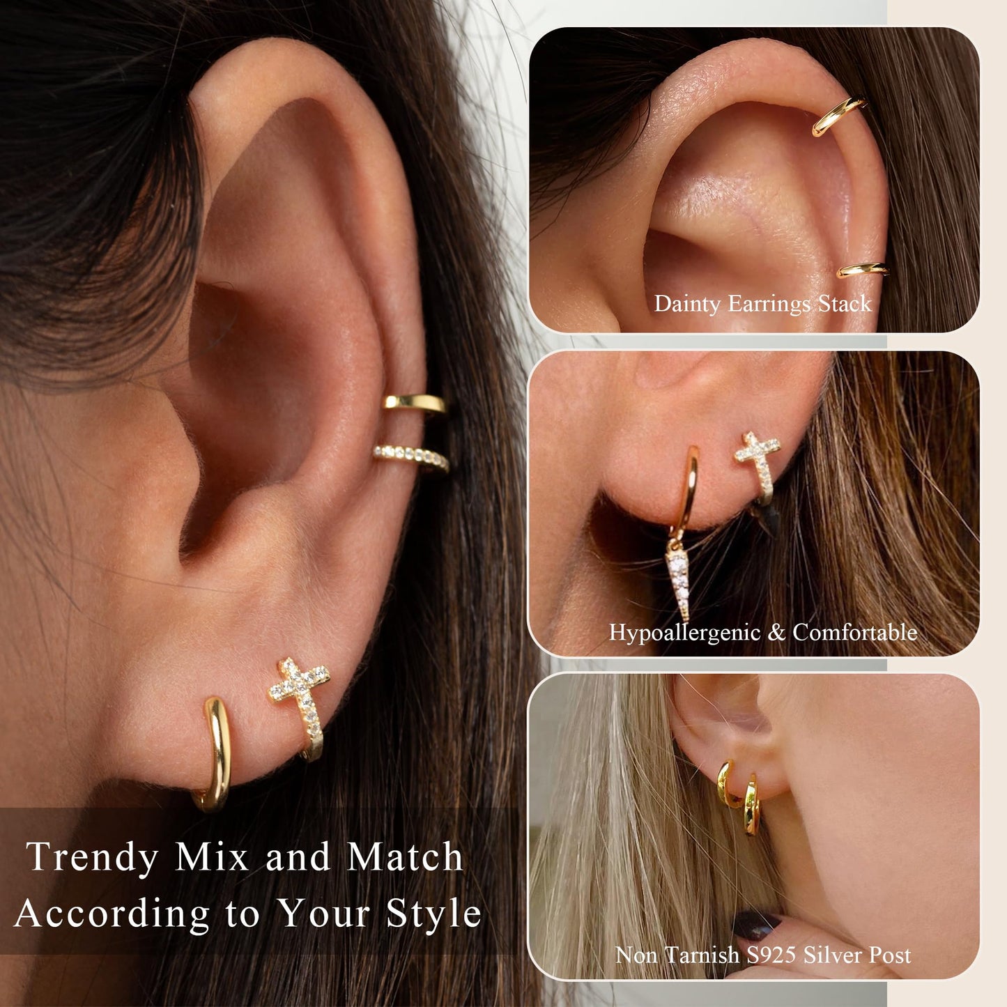 DORANA Small Gold Cross Hoop Earrings Set for Women 925 Sterling Silver Huggie Earrings Non Tarnish Stackable Earring Sets for Multiple Piercing Cross Earring